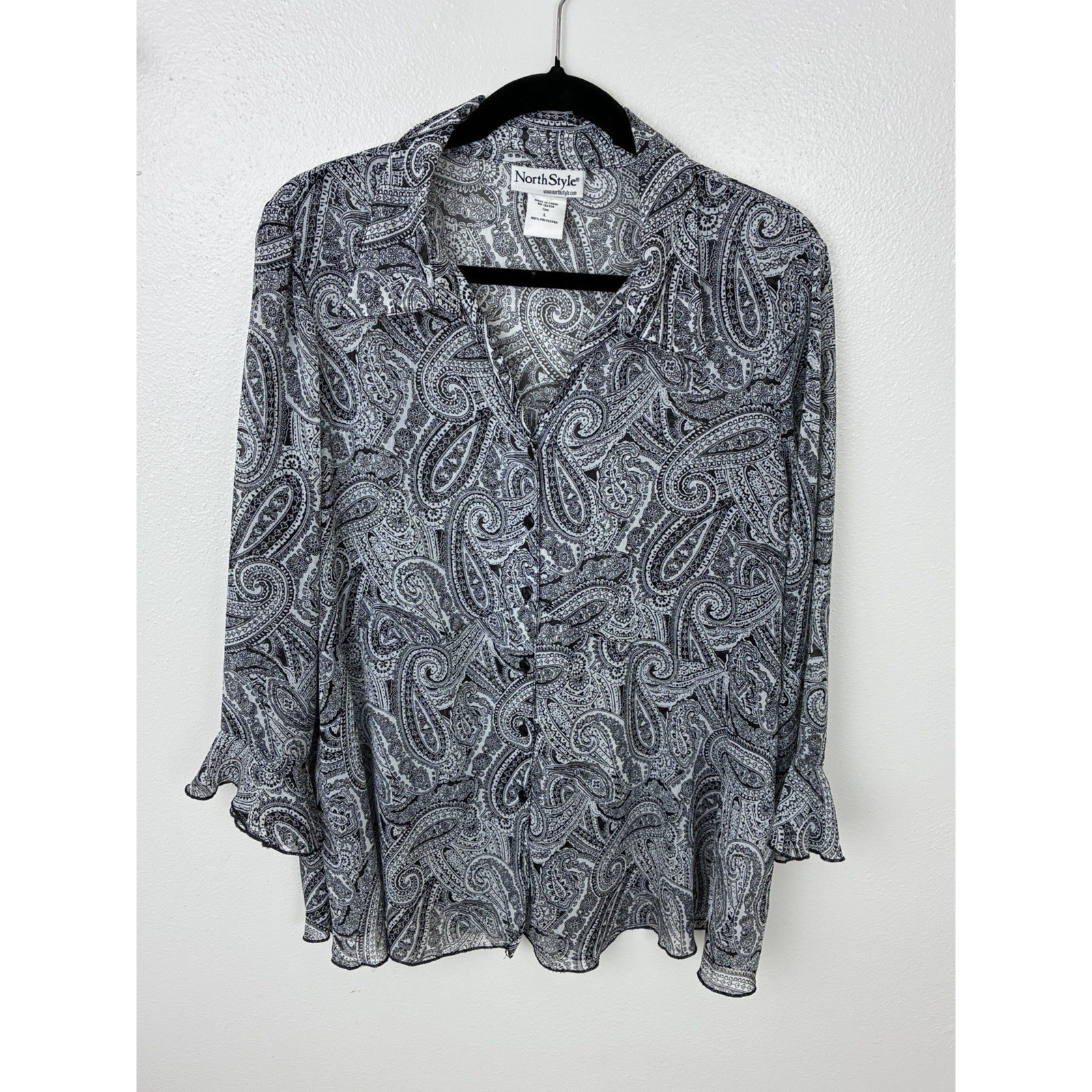 NorthStyle Paisley Blouse L Dark Romantic Whimsy Boho Ruffle Cuff Button Up