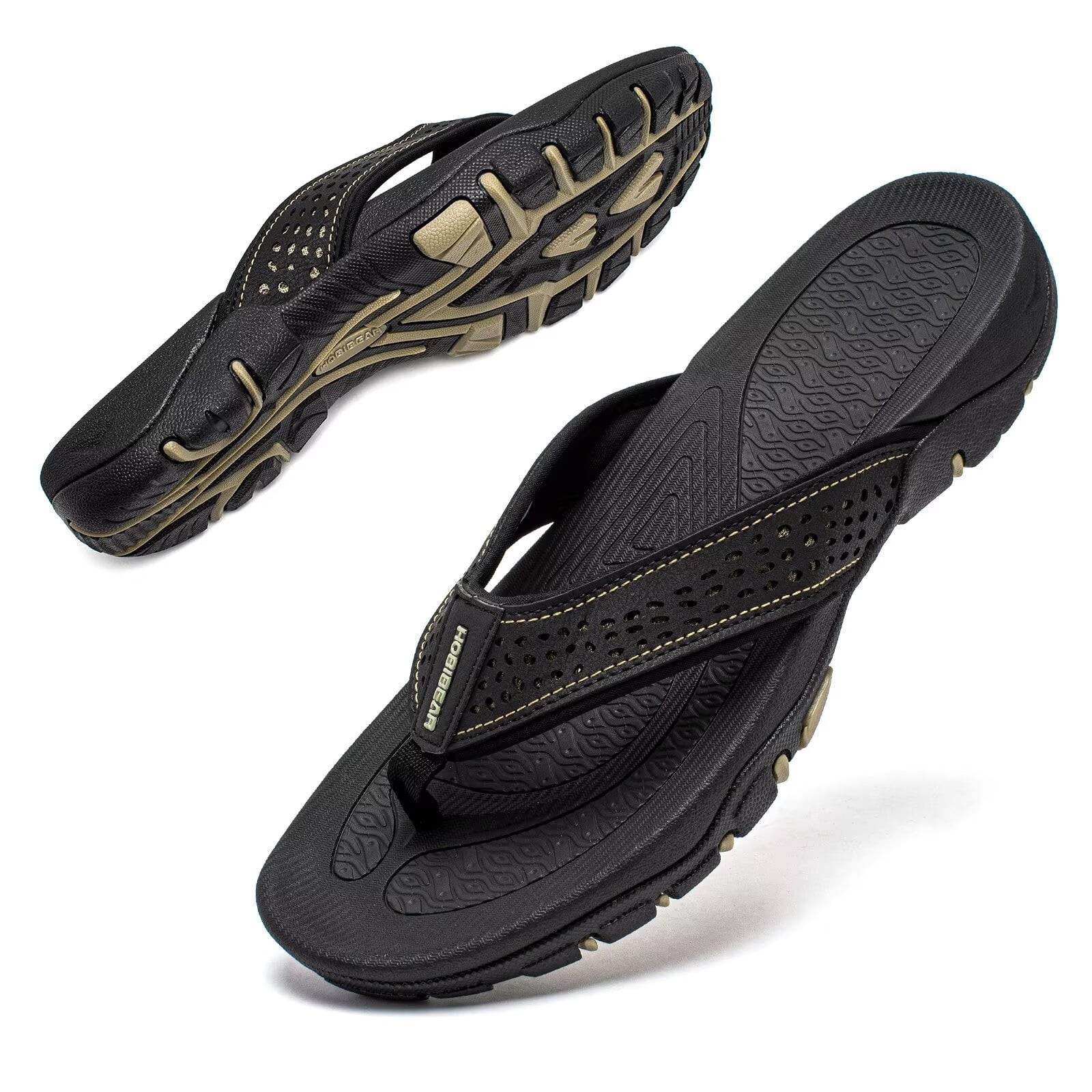 HOBIBEAR Mens Thong Sandals Arch Support Indoor Outdoor Beach Flip Flop Black