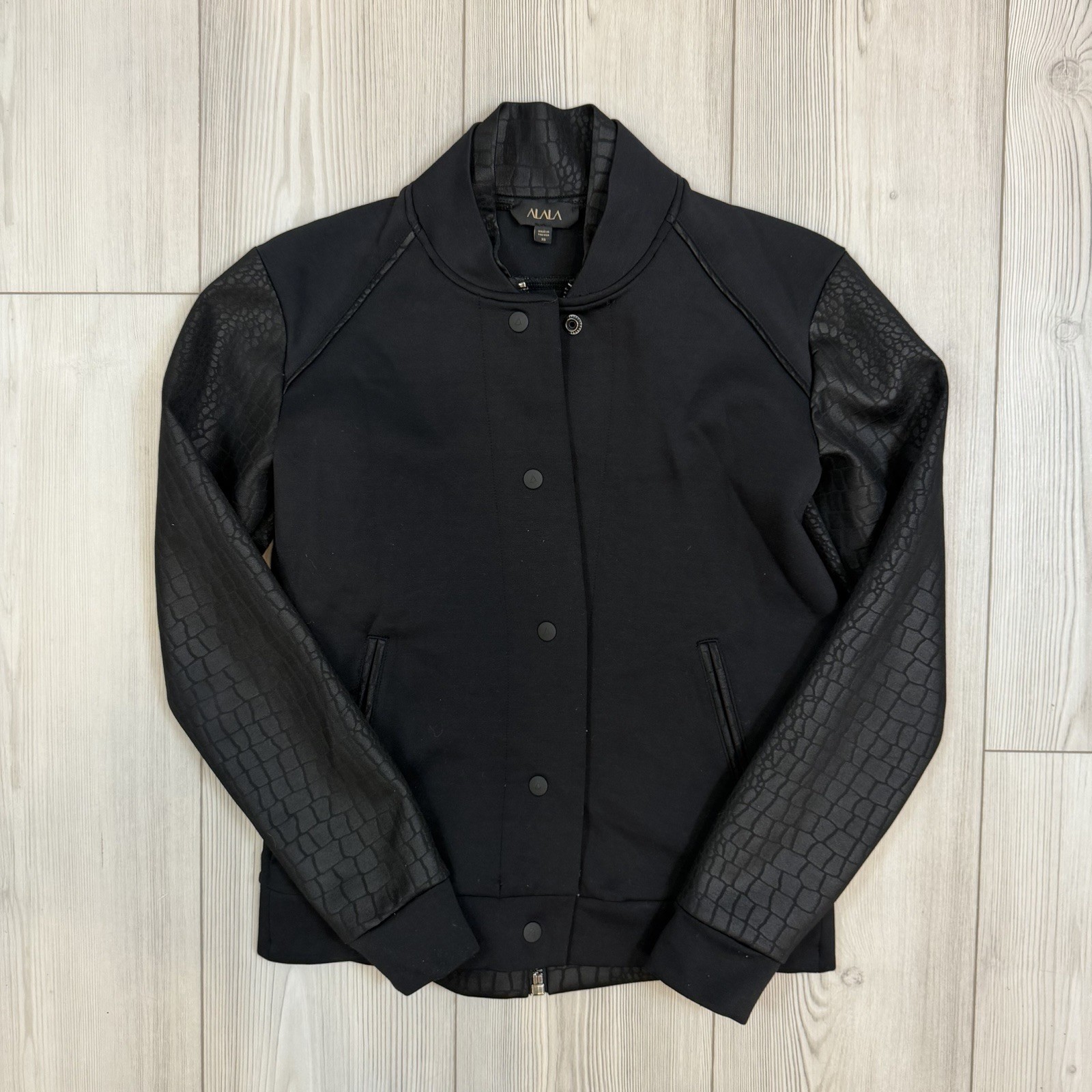 Alala Black Mix Media Full Zip Snap Button Signature Bomber Jacket Women’s XS