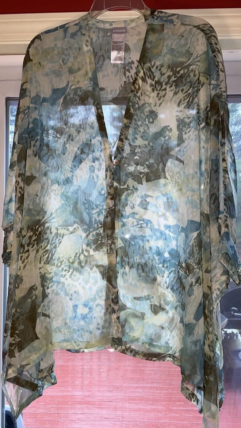 Chico’s Open Cover Up Lightweight Sz S/M Kimono Top Blue Green Rayon Blend