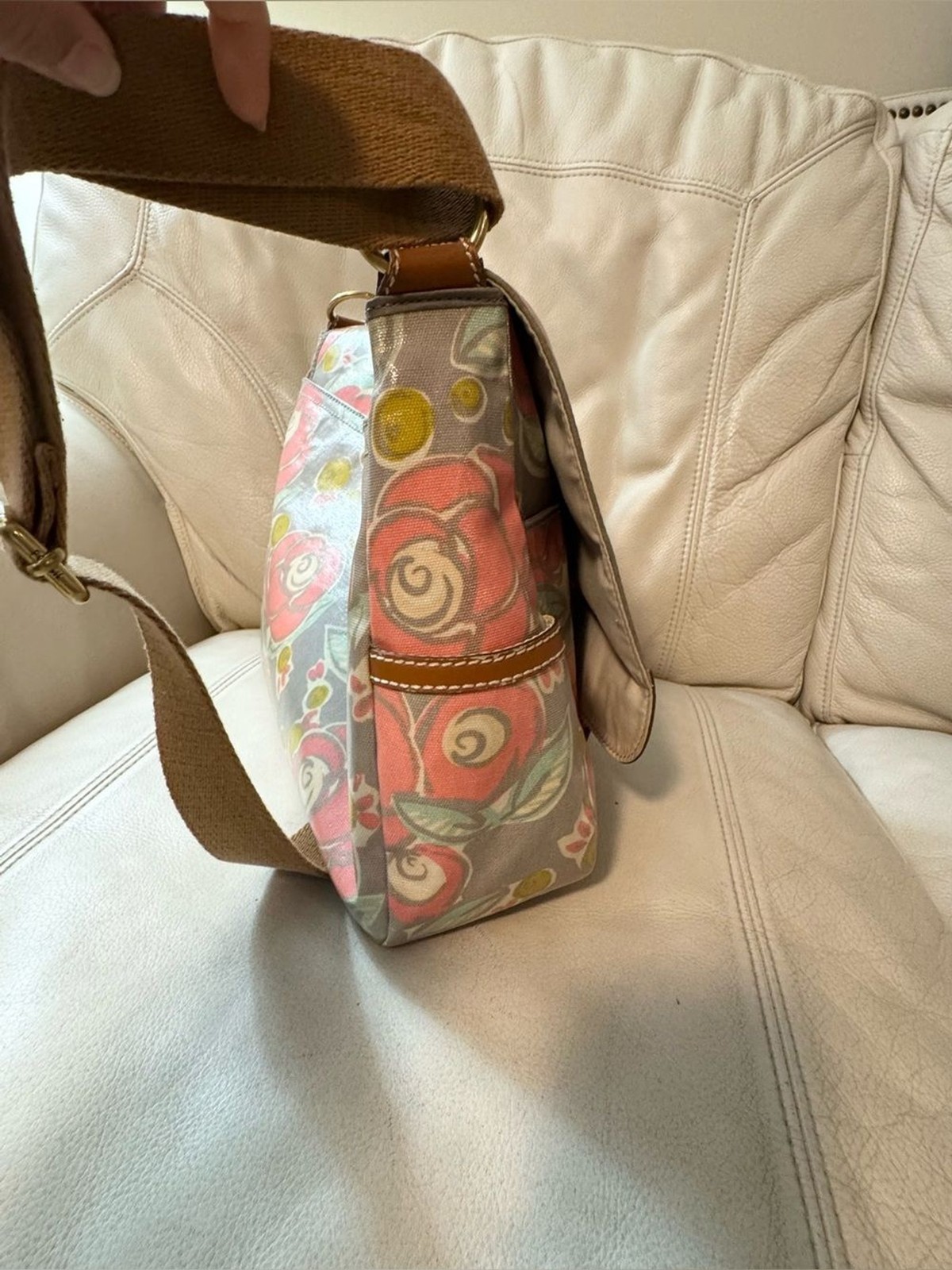 Fossil Messenger Bag Crossbody Coated Canvas Leather Trim Floral