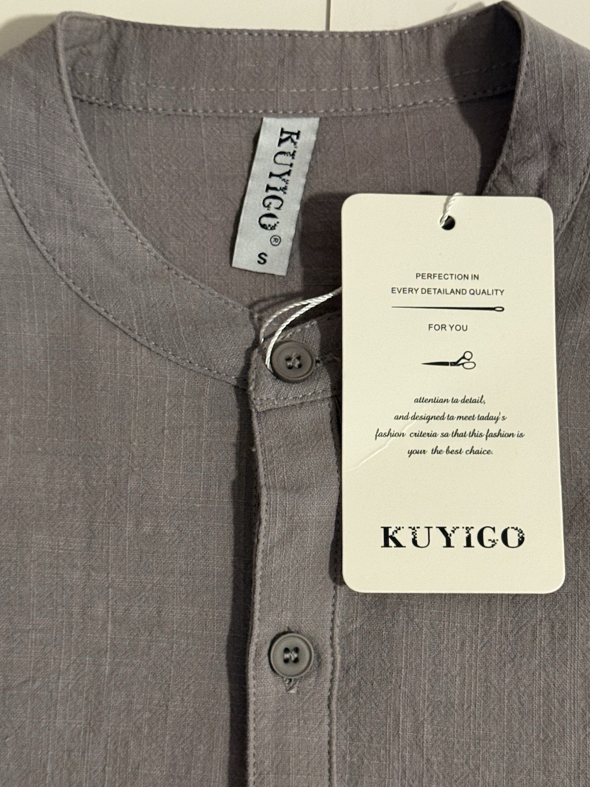 NWT KUYIGO Cotton Linen Banded Collar Shirt Men’s S Short Sleeve Pocket Casual