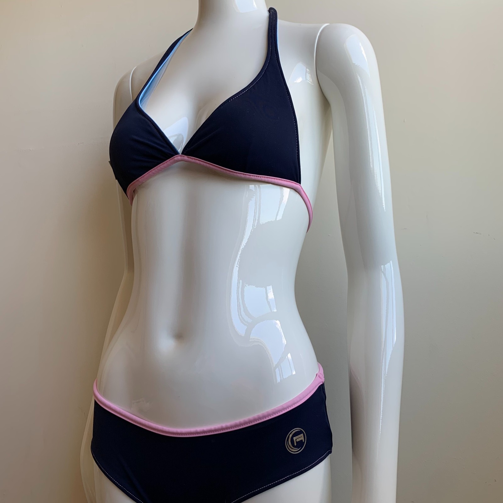 Aaron Chang blue & pink stripe wave reversible scenic photo print bikini
