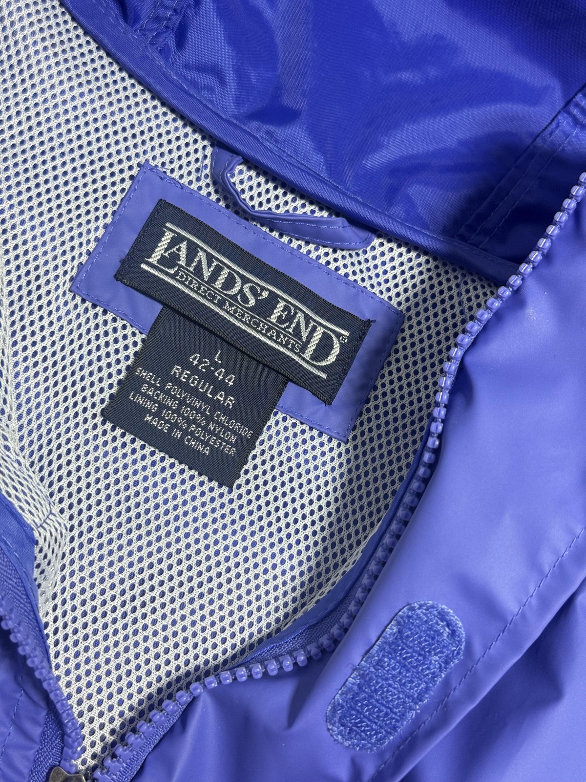Lands’ End Jacket Mens Large Blue Hooded PVC Rain Coat Mesh Lined Zip Waterproof