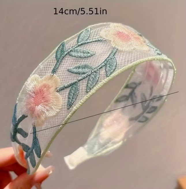 Vintage Retro Green And Yellow Floral Embroidered Lace Fabric Hair Band Headband