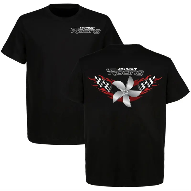 Mercury Racing Propeller T-Shirt Front Back Graphic Checkered Flag Boat Marine