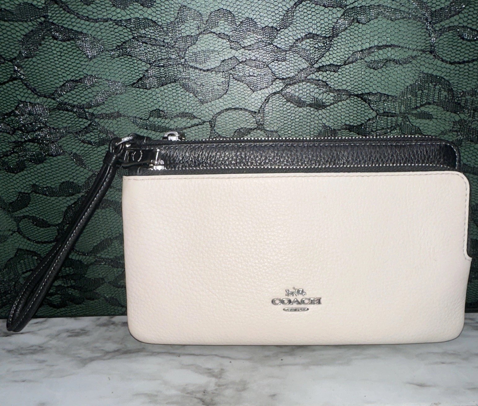 Coach Two-Tone White/Black Zip Wristlet w/ Wrist Strap, Pockets, Silver