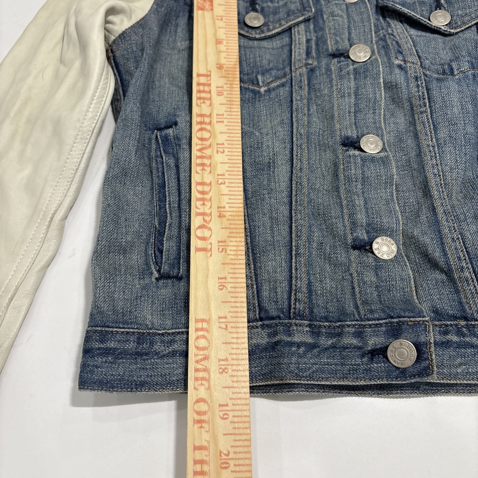 RAG & BONE Women’s Light Blue Denim Jacket With Cream Leather Sleeves Size XS