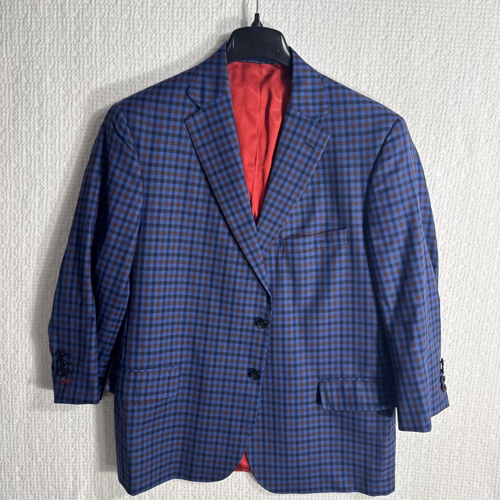 @Hole Tom James Corporate Image Bespoke 44S Slim Blue Gingham Shortened Arms
