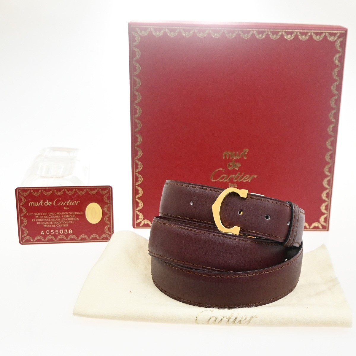 Cartier C Logo Belt 110/43 Leather Red Gold Vintage 05RL880