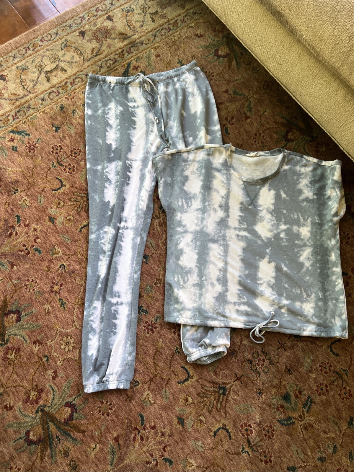 COMO BLU Tie Dye Gray White Pullover & Jogger Pants Matching Lounge Set Cozy M