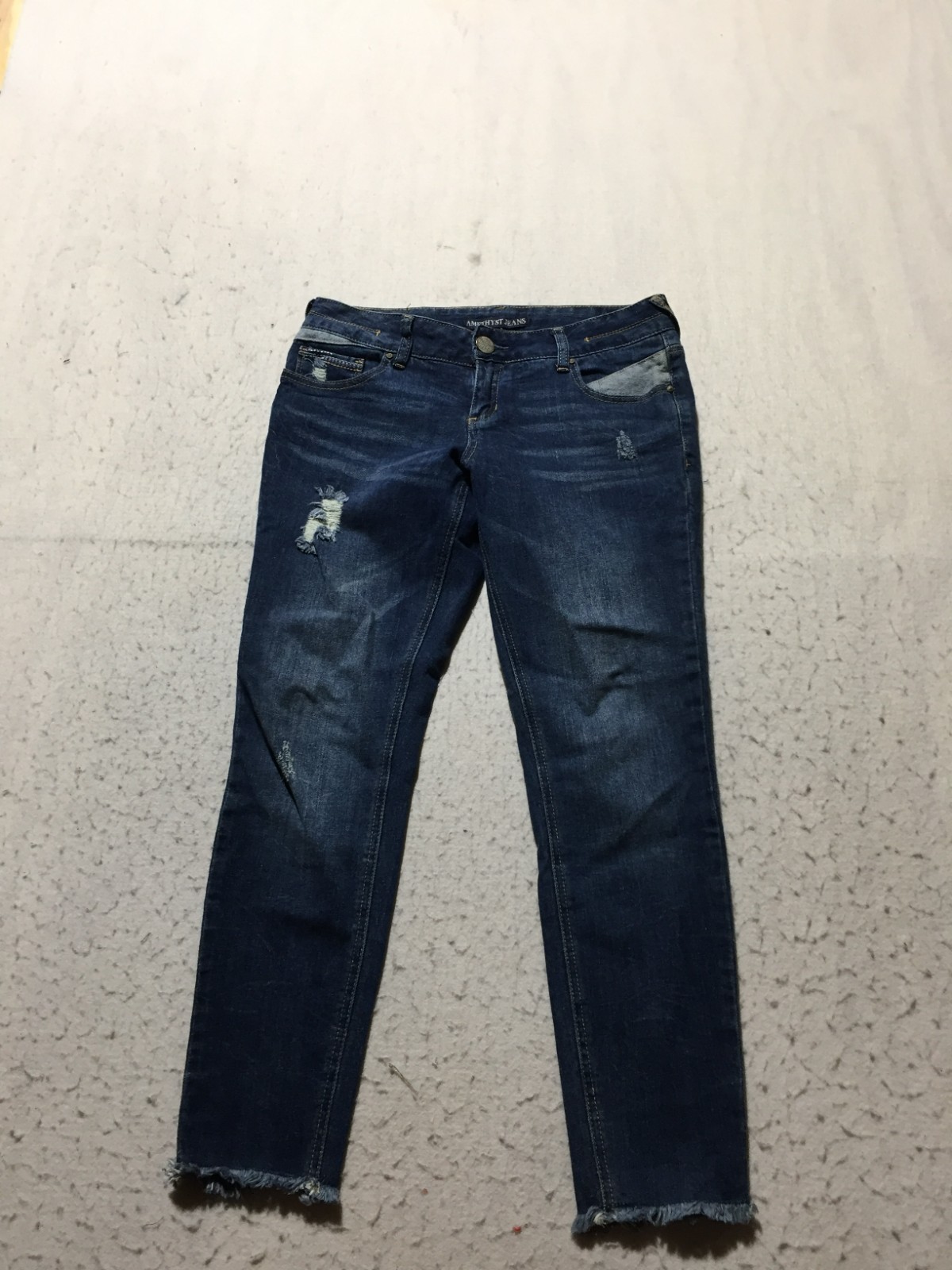Amethyst Jeans Womens 7 Blue Faded Distressed Cut Ankles Dark Wash