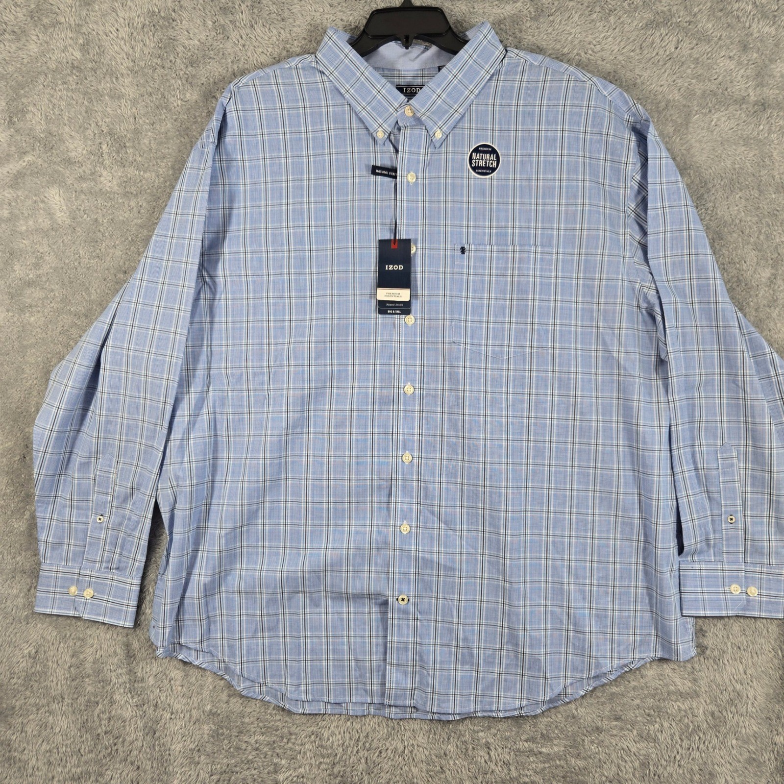 IZOD Mens 3XL Blue Plaid Premium Essentials Natural Stretch Button Down Shirt