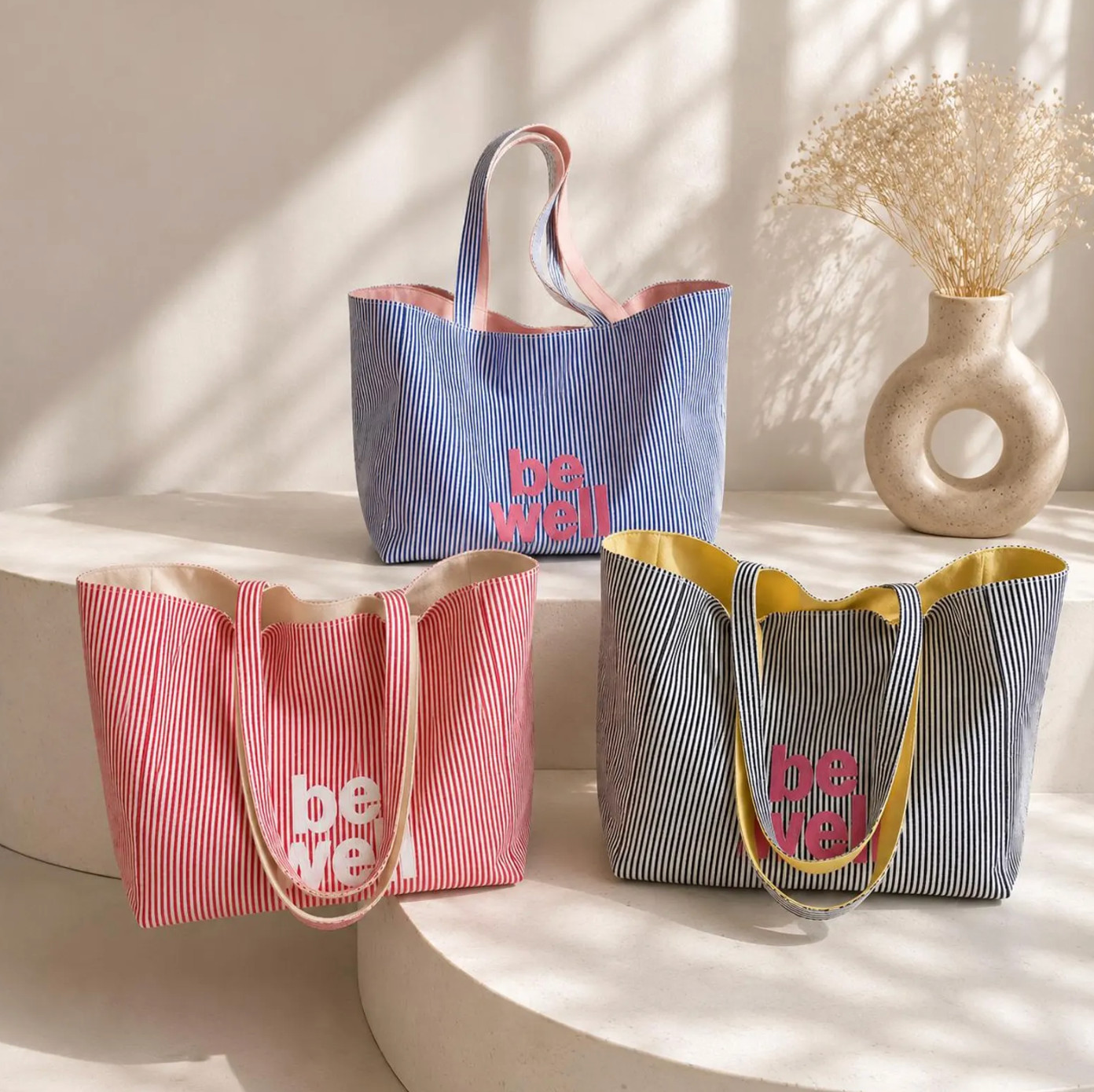 Large Blue Canvas Tote Bag Women Shoulder Bag Striped Travel Beach Shopper Purse