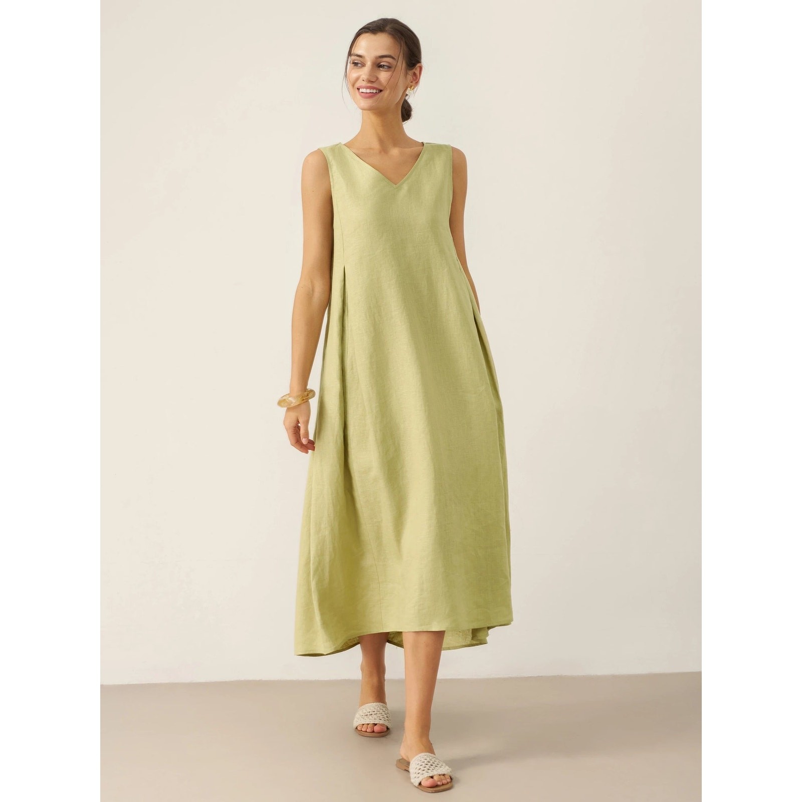 NWT LINTICO 100% Linen Sleeveless A-Line Maxi Dress Sage Apple Green