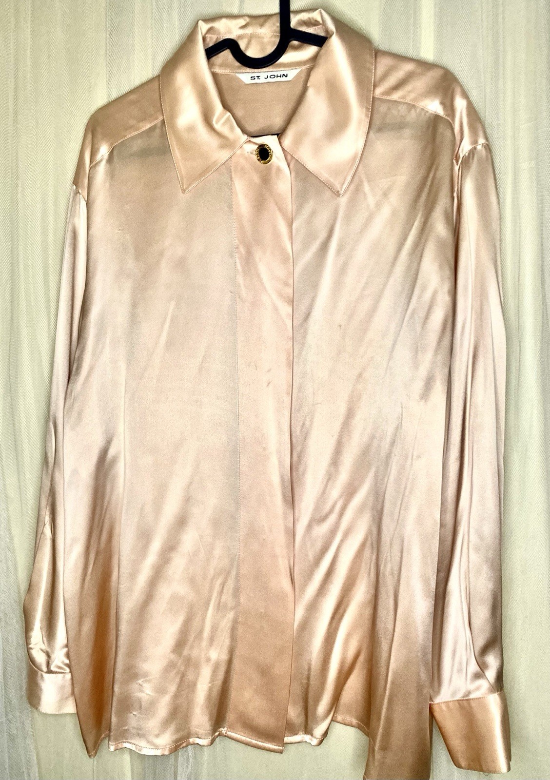 Vintage St. John Size 12 100% Silk Blouse Peach Champagne Gold Jewel Button