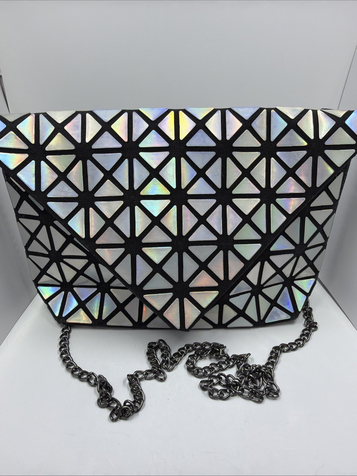 Geometric Iridescent Shoulder Bag Chain Strap Silver Black Collapsible Fashion