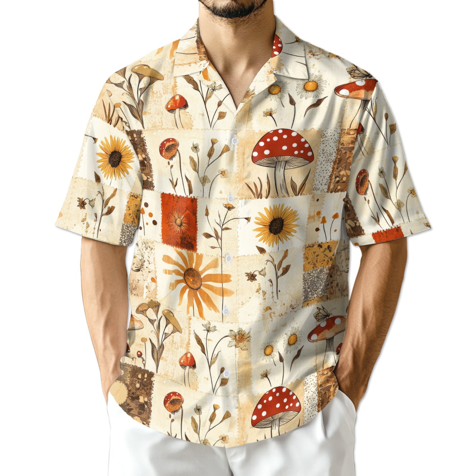 Vintage Mushroom Hawaiian Shirt Retro Psychedelic Tropical Button Up