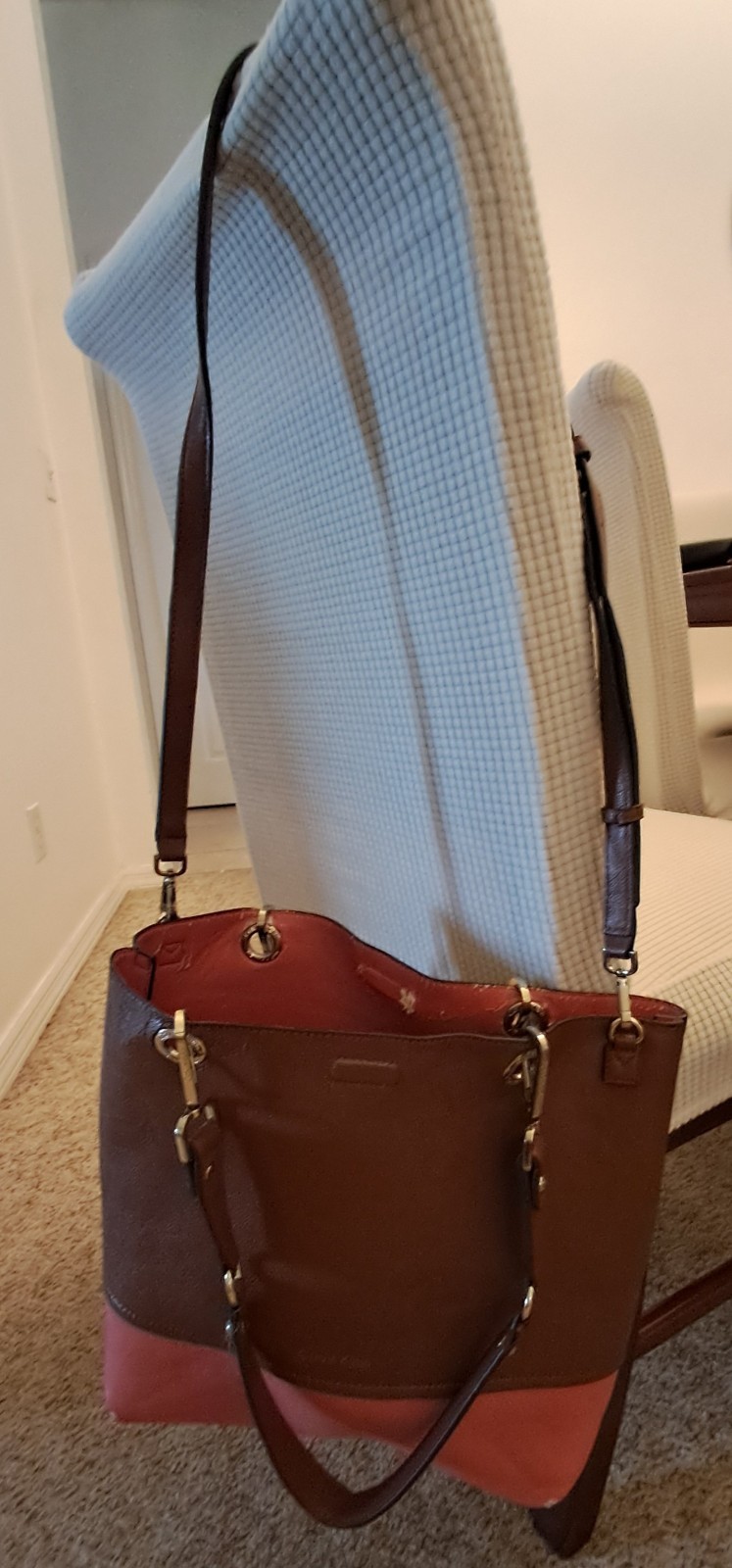 Calvin Klein Brown & Coral Colorblock Large Tote w/ Detachable Strap & Pouch