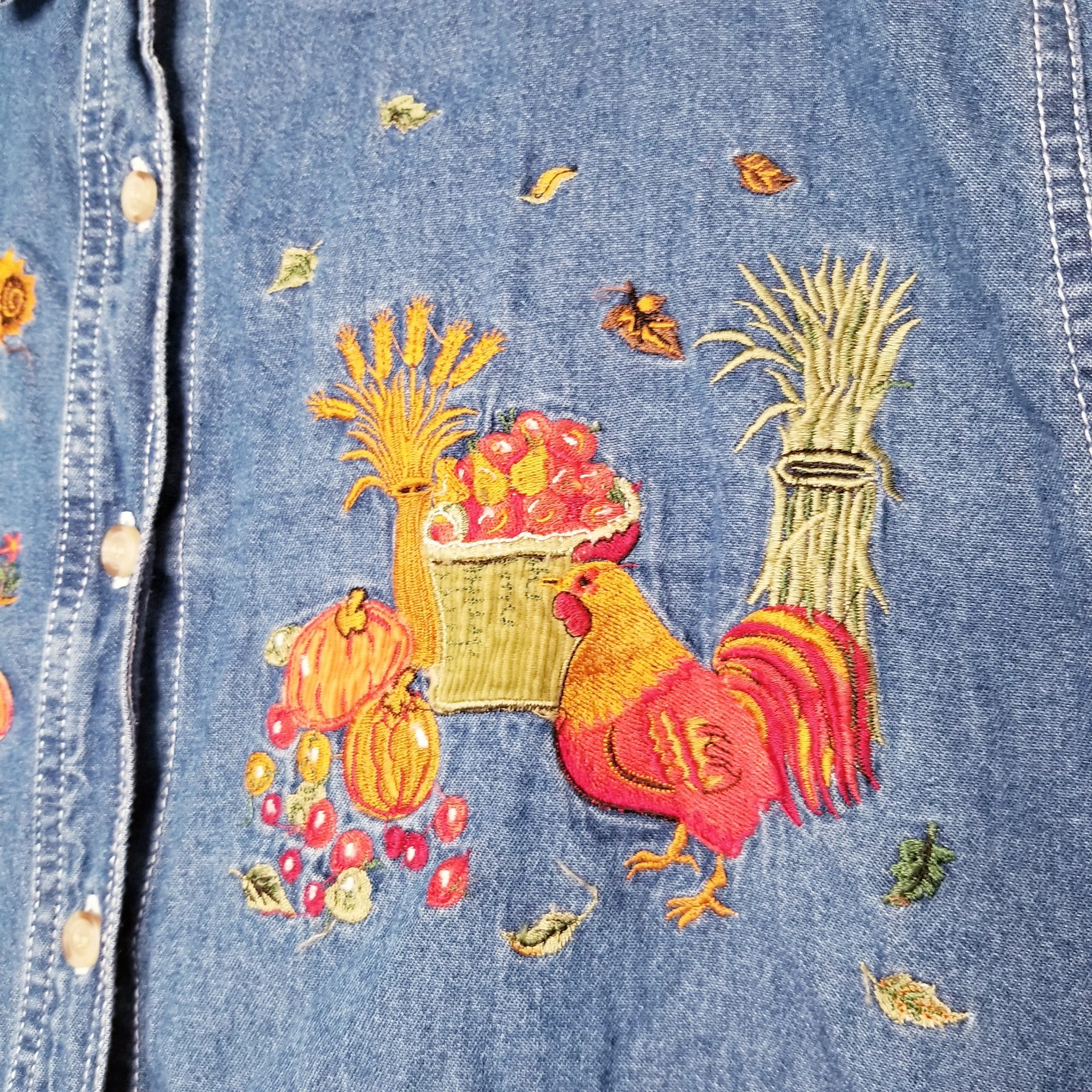 Vtg Bobbie Brooks Denim Button Up Shirt XL Chickens Sunflowers Fall Embroidered