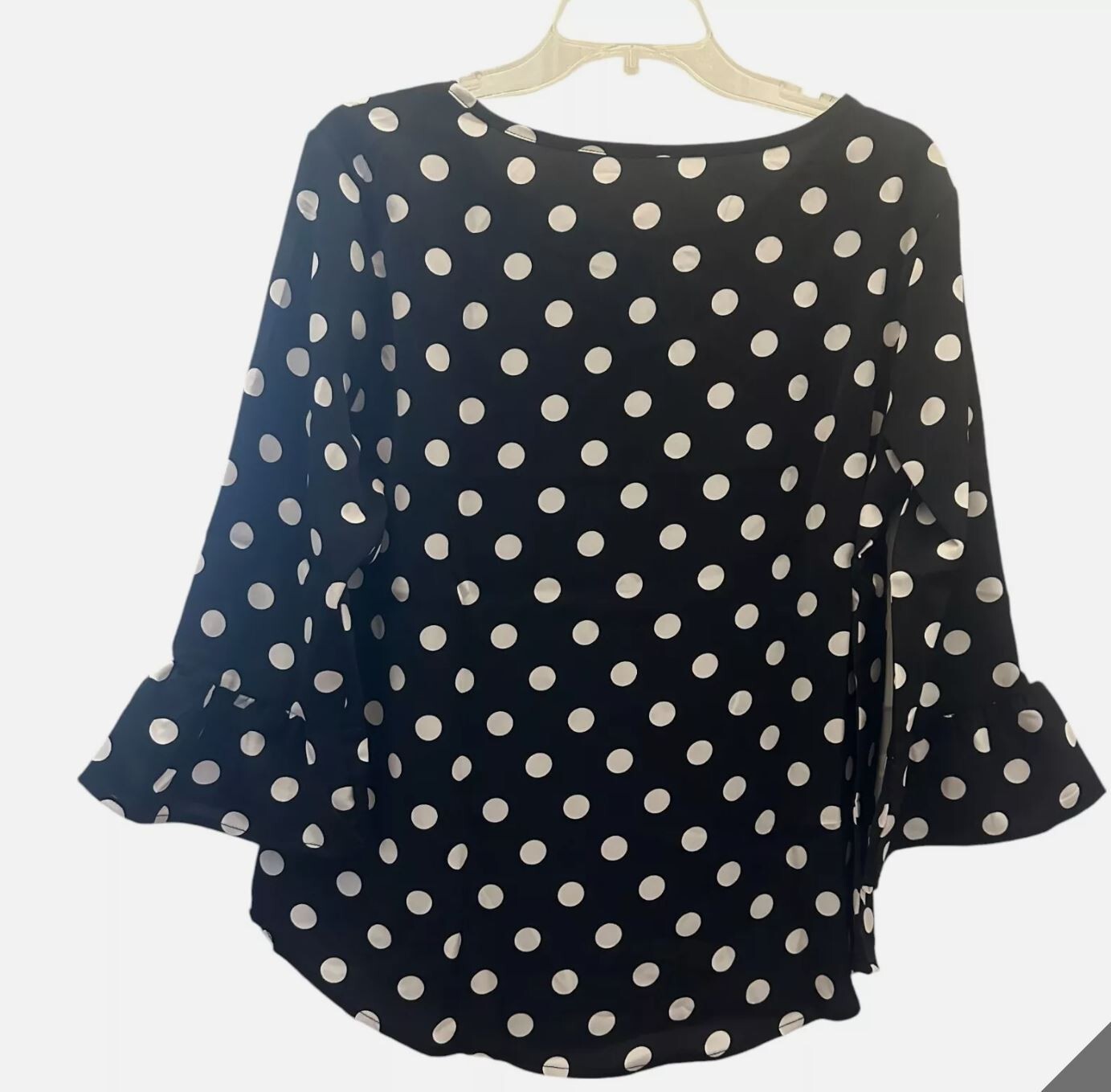 NWT Classic Black and White Polka Dot Bell Sleeve Blouse Sizes M, L, XL