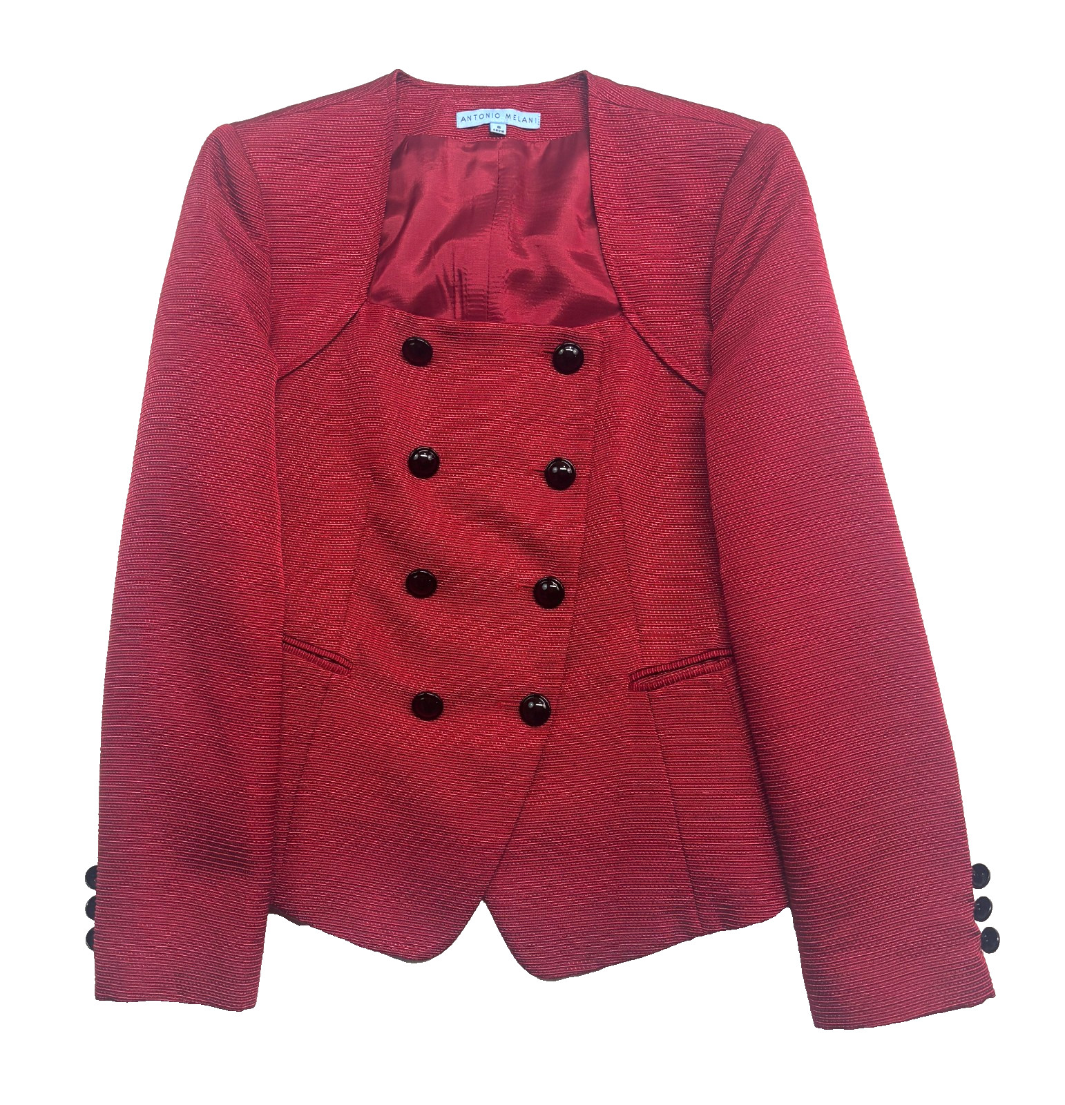 Antonio Melani M 8 10 Red 2pc Skirt Suit Double Breasted Square Neck Knit Career