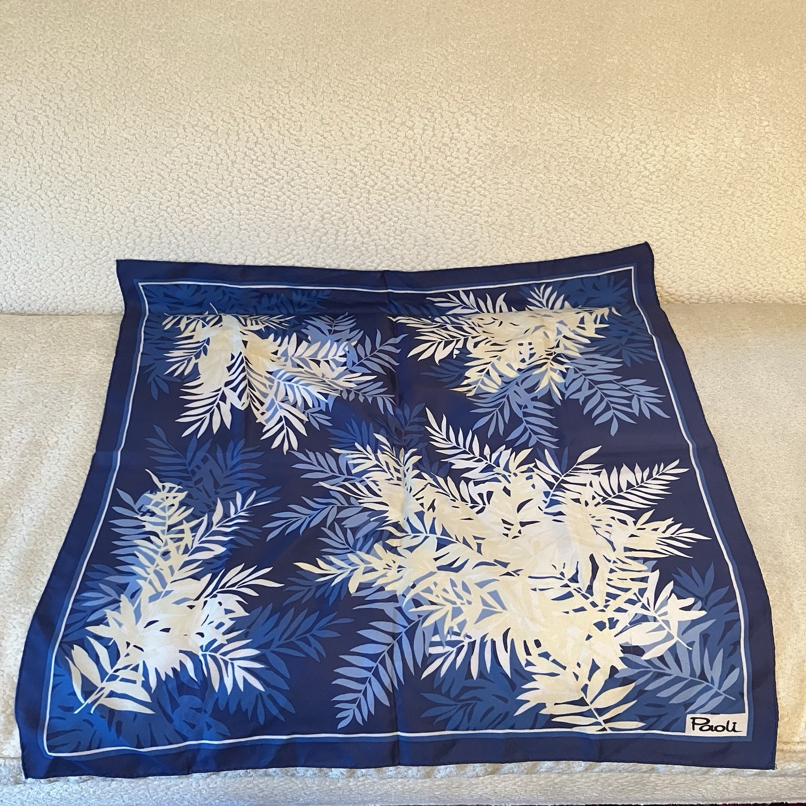 VTG Paoli Square Neck Scarf Blue White Yellow Fern Leaf Preppy Nautical 26.5in
