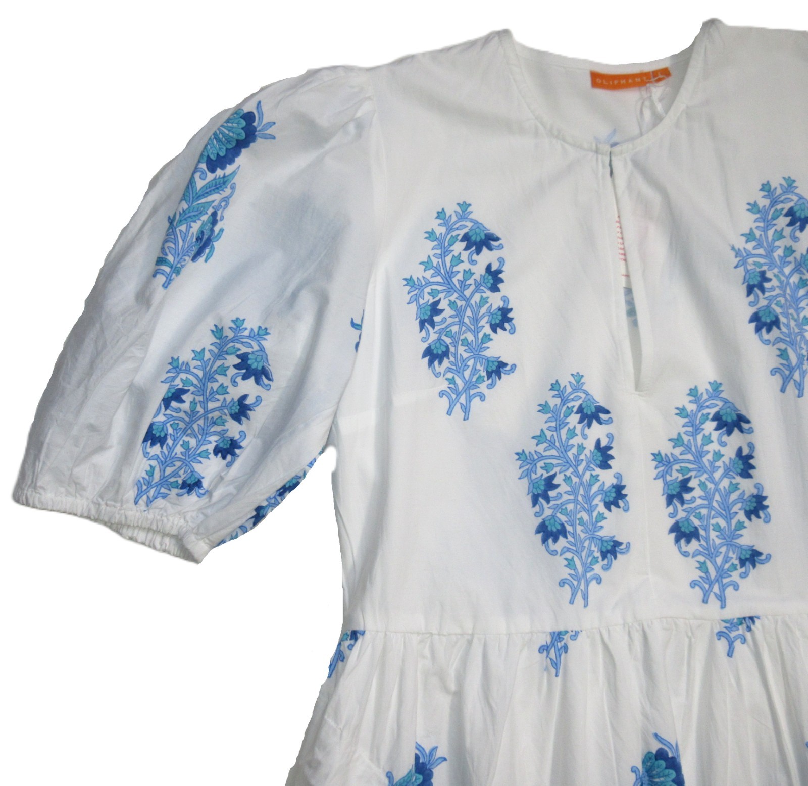 NWT Oliphant Puff Sleeve Maxi in Laguna Blue Floral Cotton Dress L $328