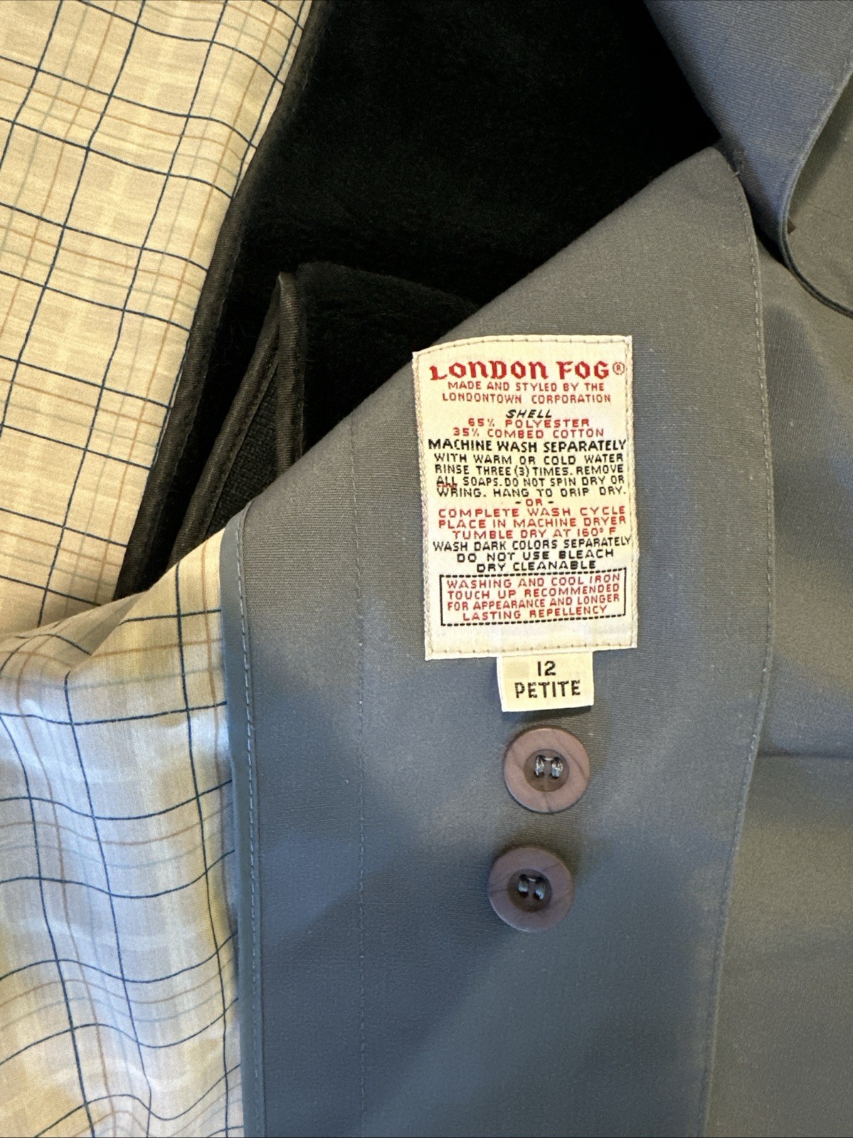 Vintage London Fog MainCoat Grey Blue Womens 6 Reg USA Full Length Lined Belted