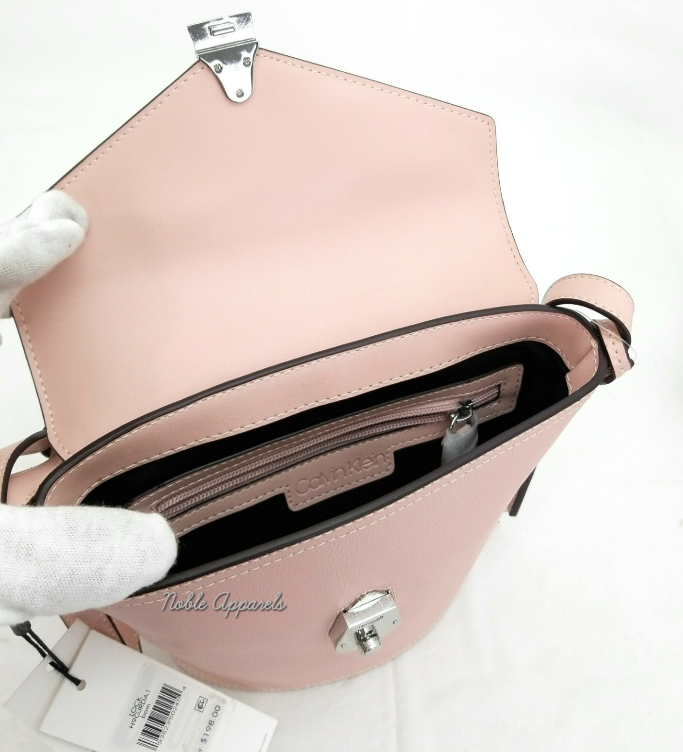 CALVIN KLEIN Womens Lock Daytonna Leather Bucket Bag Crossbody $198 Blossom Pink