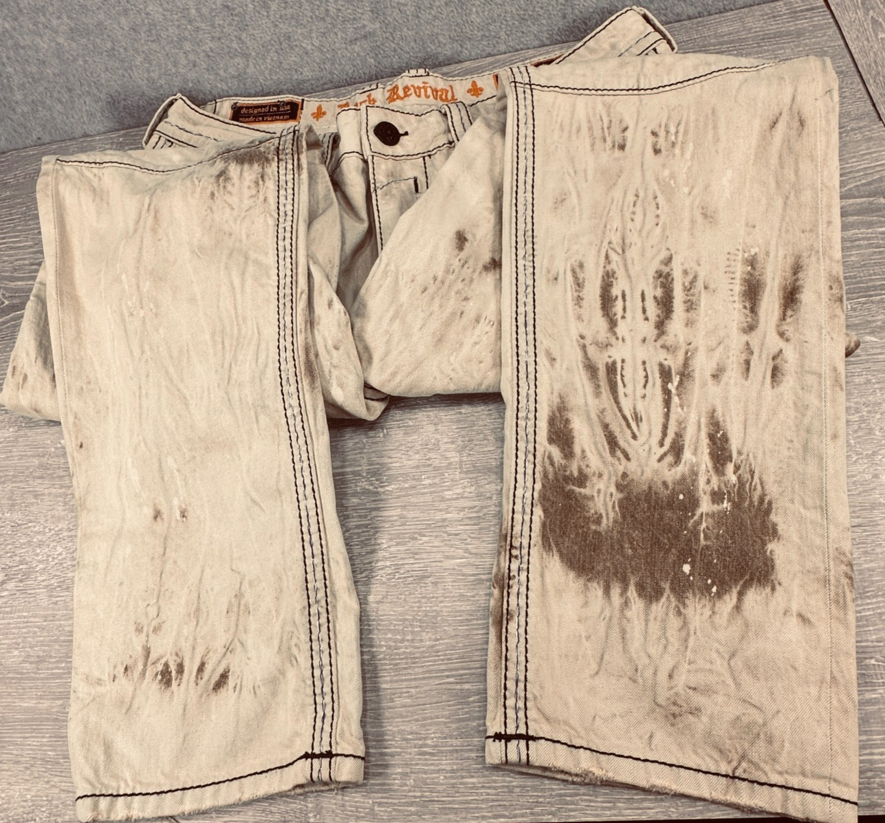 Rock Revivial Callan Biker Beige Jeans Acid Distressed Embroidery Size 38 x 33