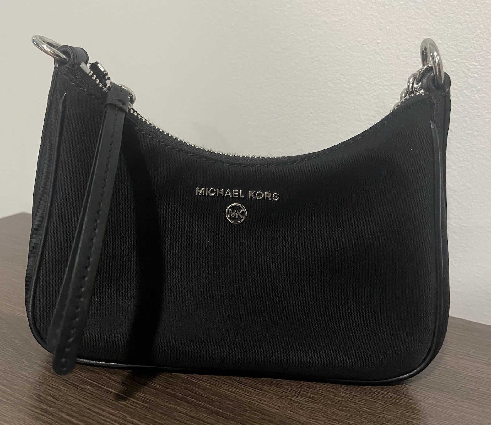 Michael Kors Black Small Crescent Shoulder Bag Silver Chain Strap Zip Detach