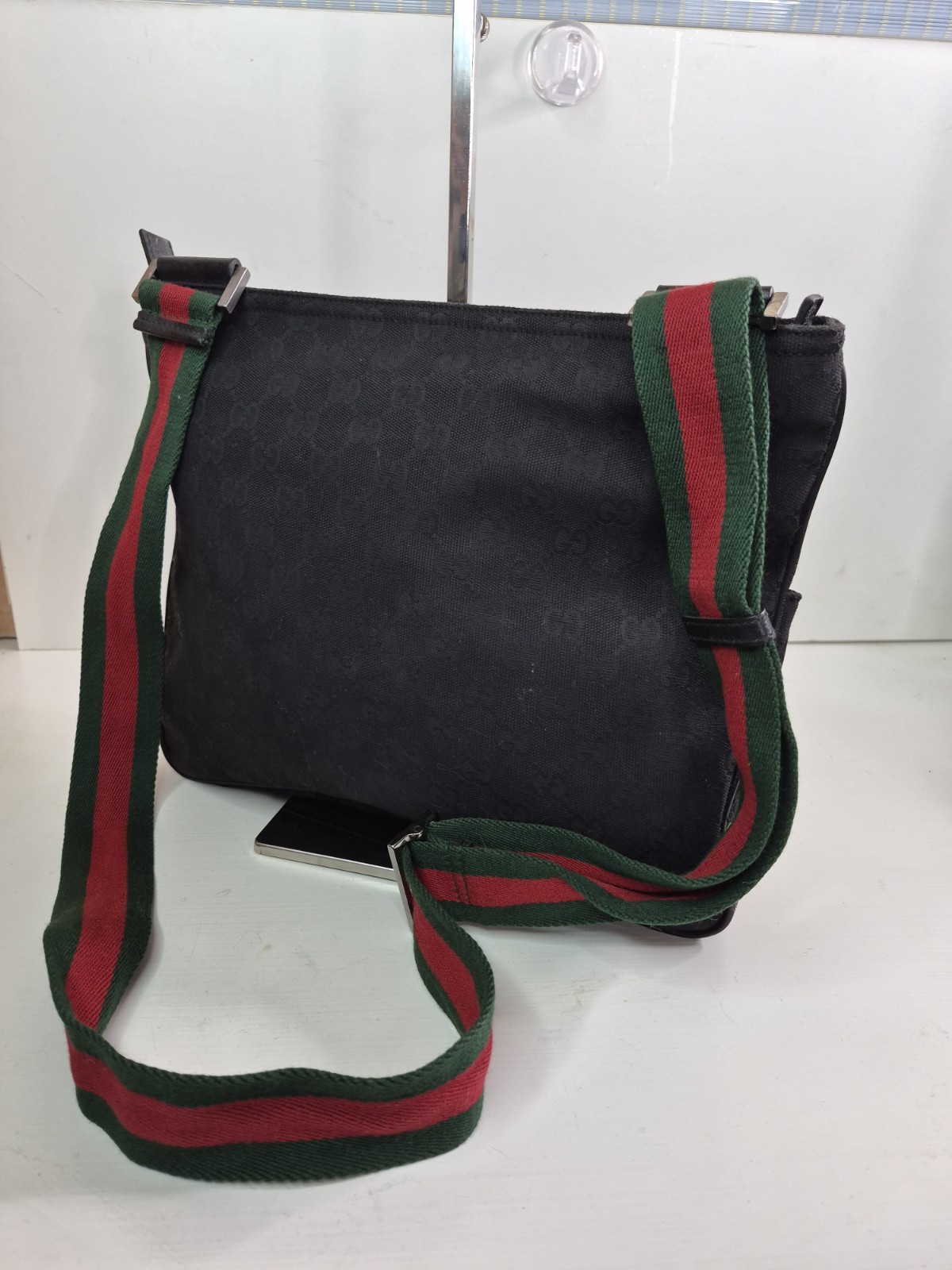 Gucci Black GG Pattern Crossbody Bag Green-Red Web Strap Zip Closure Pockets