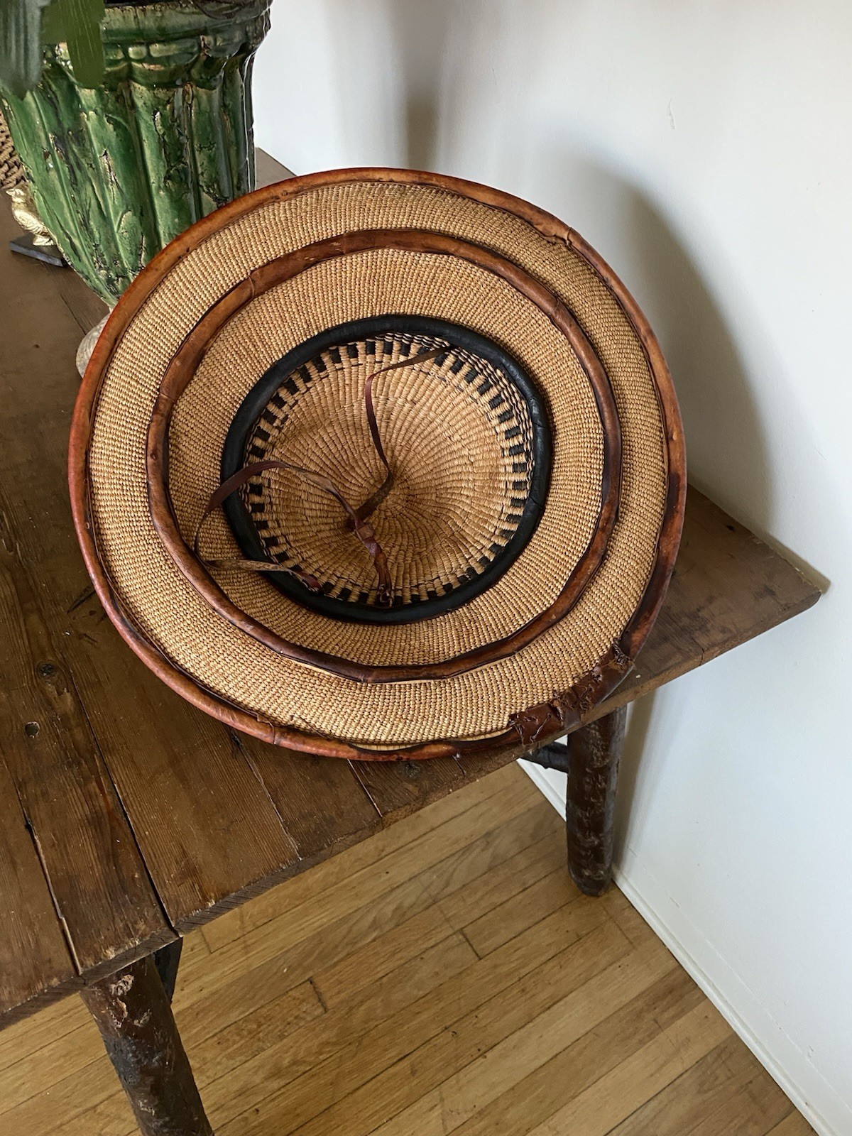 Antique African Ghanaian Hat ~ Traditional Conical Woven Straw & Leather ~19in
