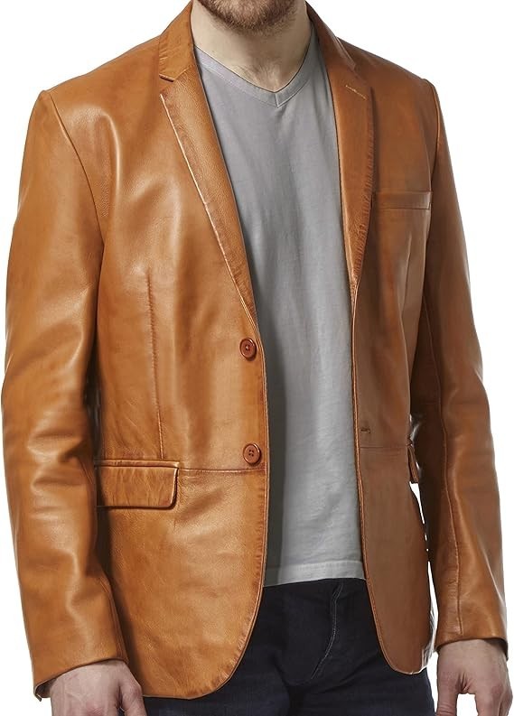 Authentic Nappa Lambskin Leather 2 Button Men Slimfit Lightweight Blazer Outwear