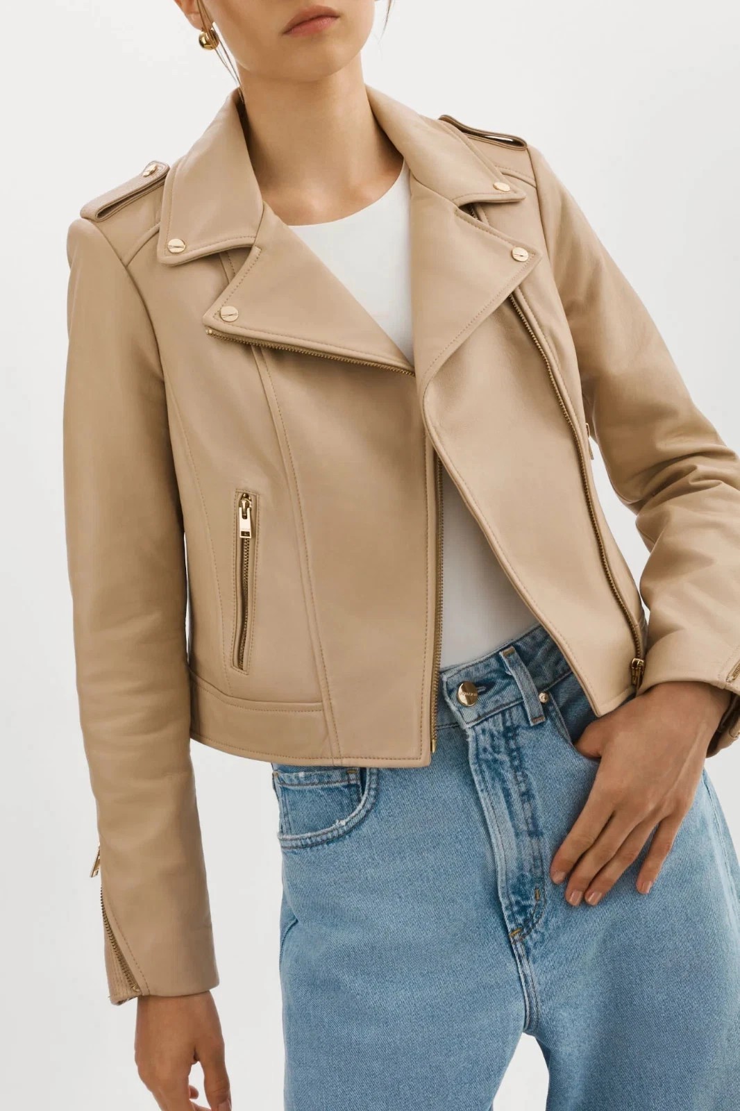 Beige Leather Jacket Women Biker Moto Pure Lambskin Size S M L XL XXL Custom-390