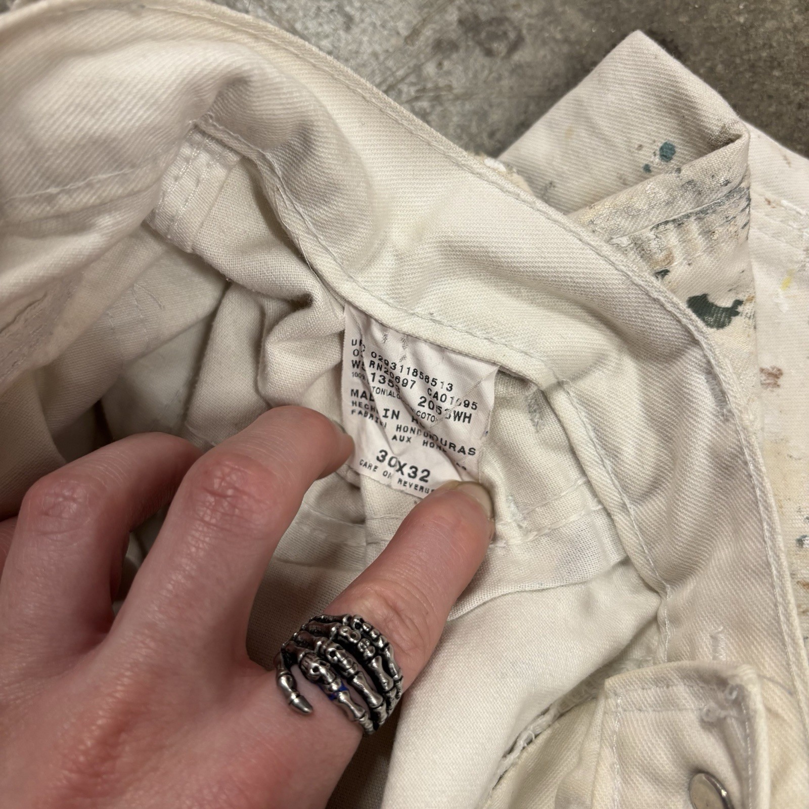 Vintage 90s Distressed Paint Splatter White Canvas Dickies Carpenter Pants 30×30
