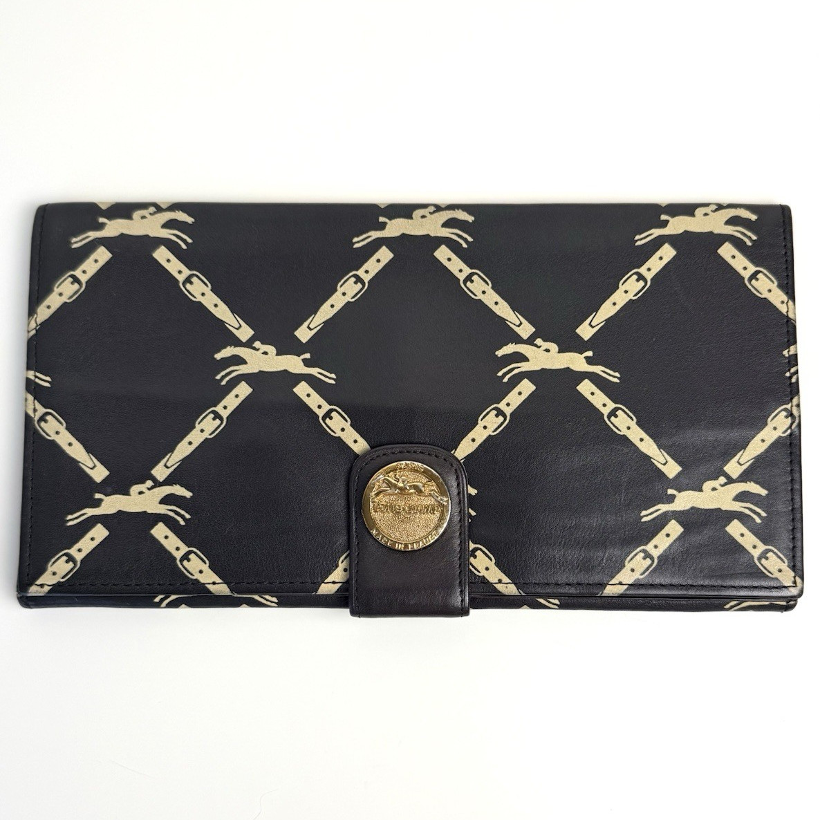 Longchamp Vintage LM Cuir Soft Leather Horse Jockey Checkbook Wallet France