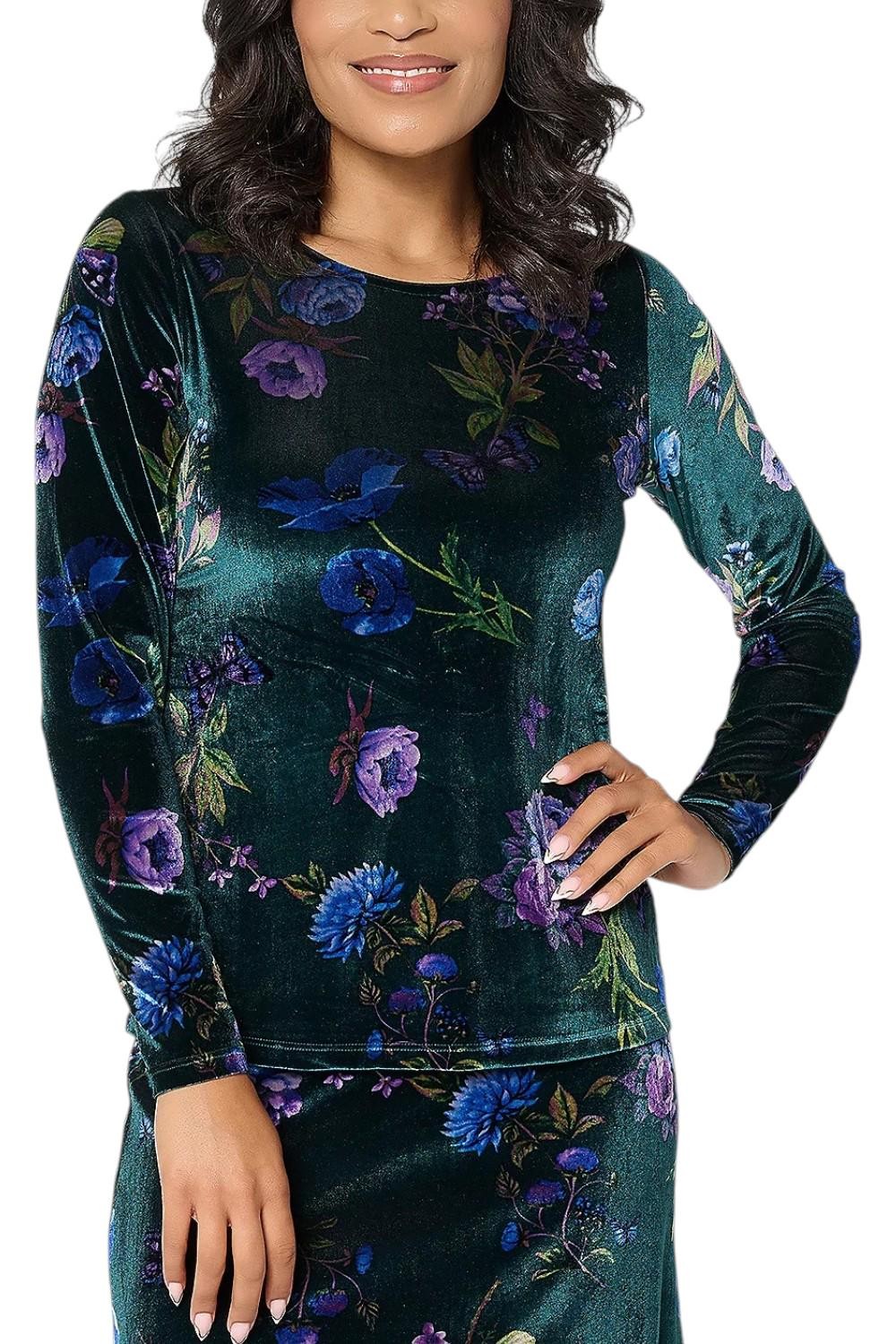 Attitudes by Renee Women’s Printed Velvet Ballet Neck Top Dark Teal