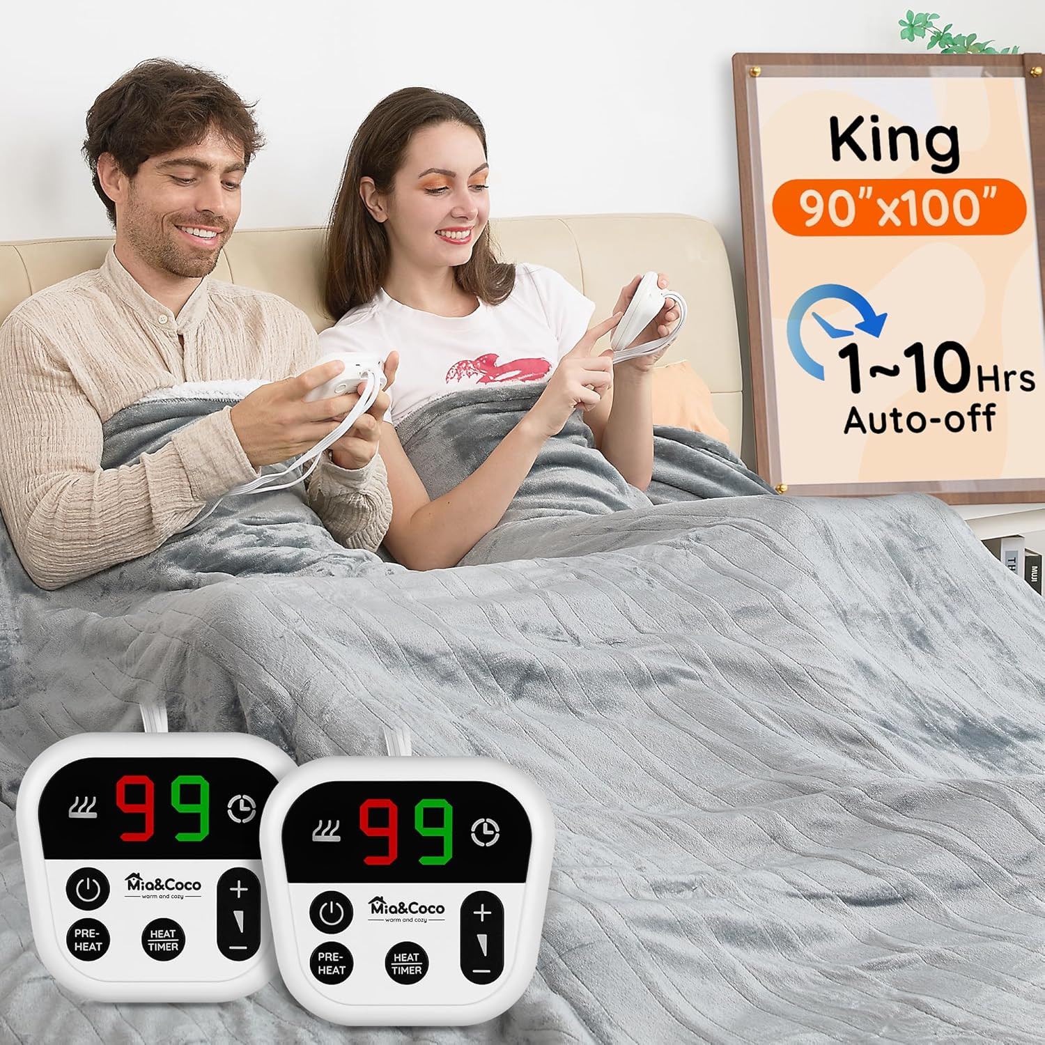 Mia&Coco Electric Blanket King -90″X100″ Dual Control Flannel Heated Blanket, 10
