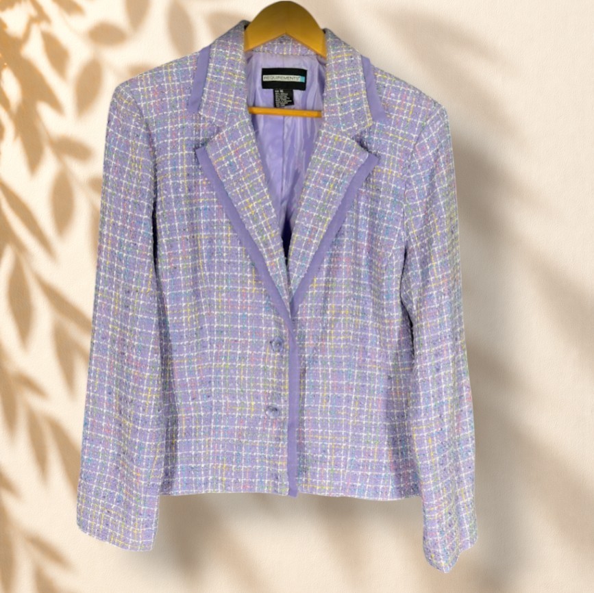 Requirements Blazer Women 16 Purple Plaid Button Up Collared Long Sleeve Career