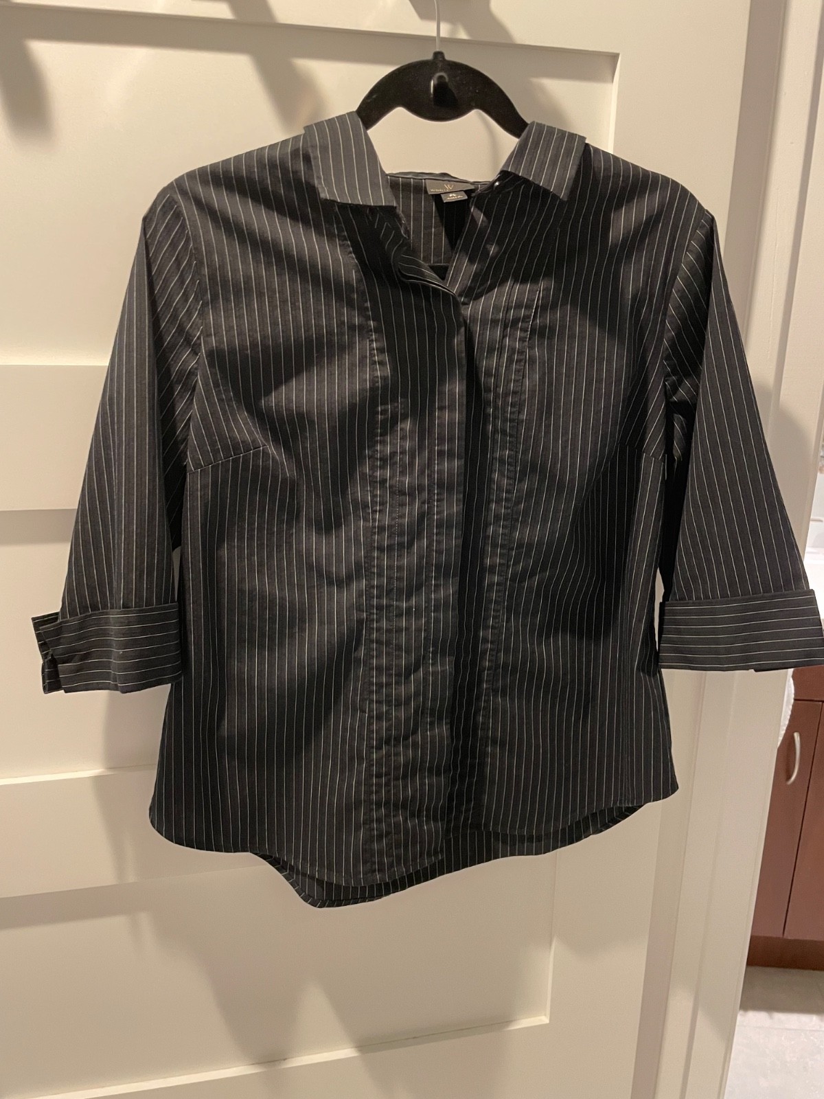 Worthington Petite Large PL Black and White Striped Blouse Top Shirt Career Work