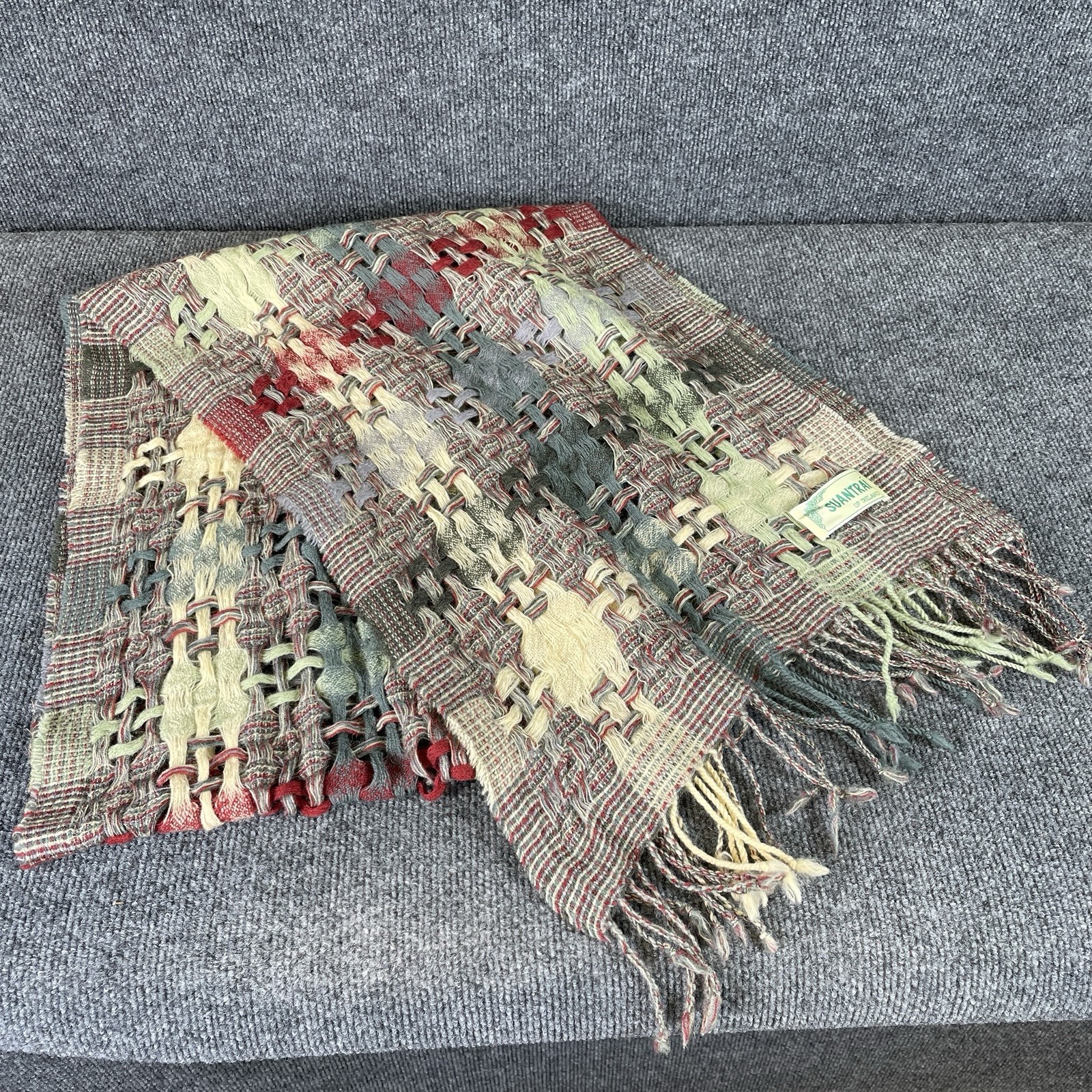 Suantrai Of Ireland 100% Wool Scarf Multicolor Open Weave Neutral Tones 76in