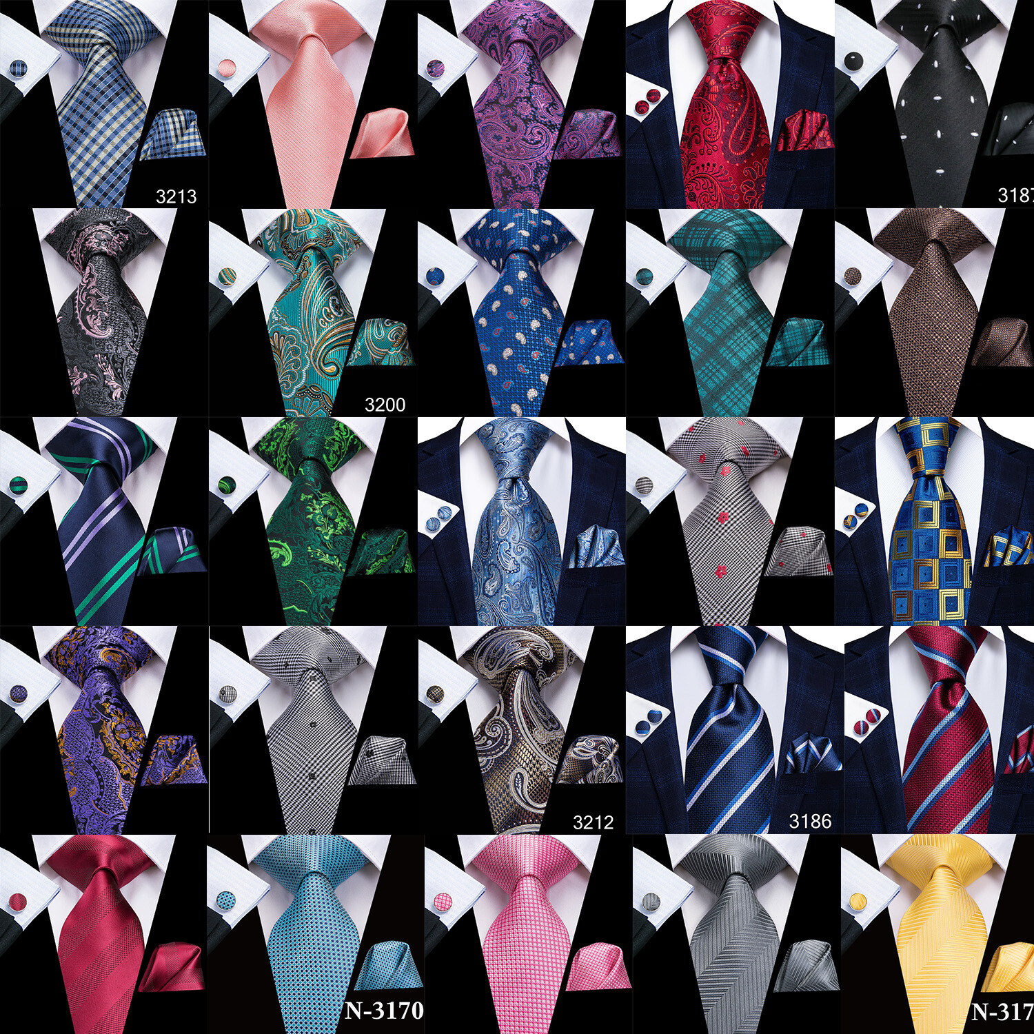 Mens Tie Striped Solid Paisley Necktie Hanky Cufflink Set Wedding Prom