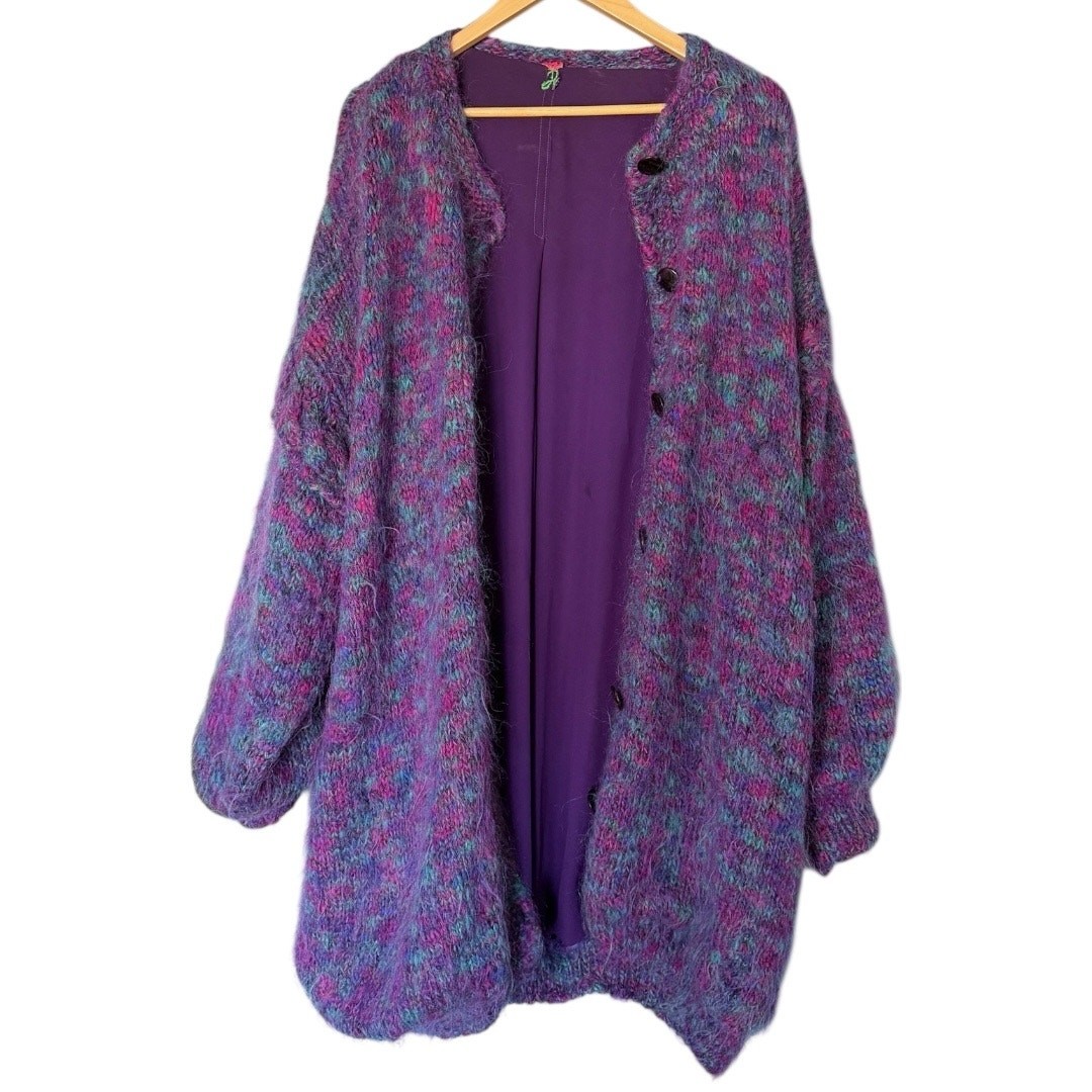 Hand Knit Angora Mohair Long-Line Button-Front Cardigan Sweater Women’s 2X