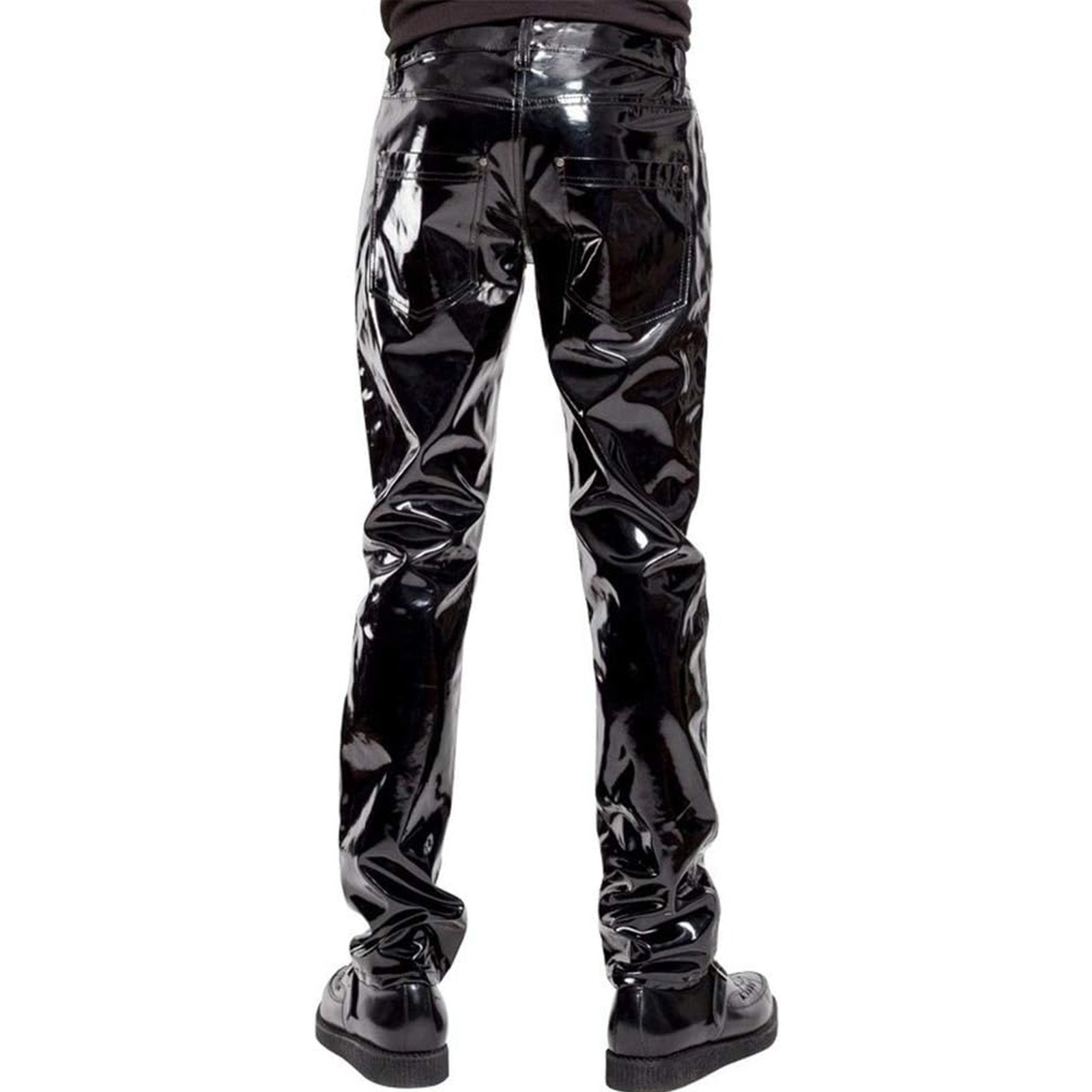 Puritues Men’s Black PVC Leather Pants Wet Look Shiny Slim Fit Trousers Clubwear