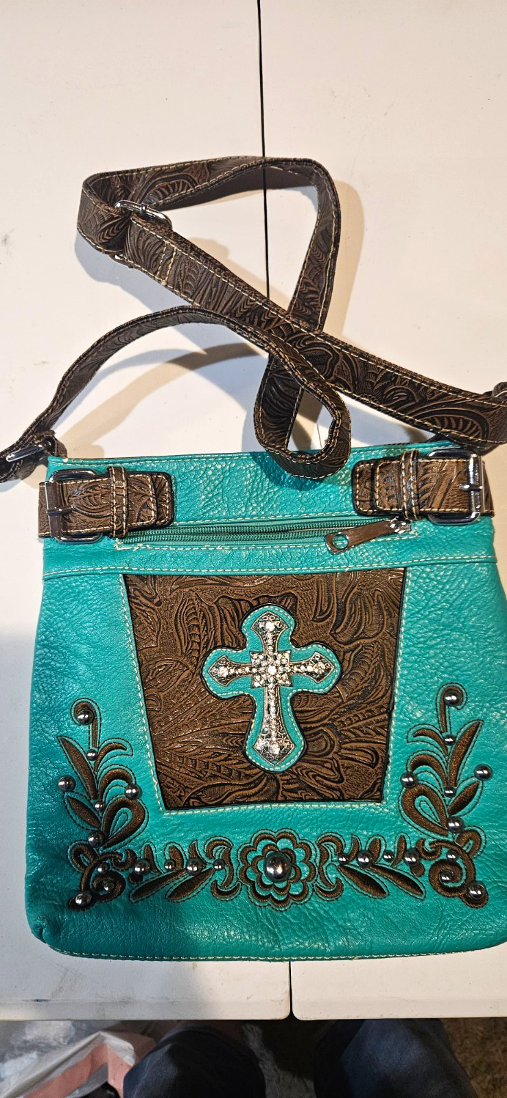 Turquoise/Brown Western Crossbody Bag Embossed Cross Accent Zip, Pockets Lined