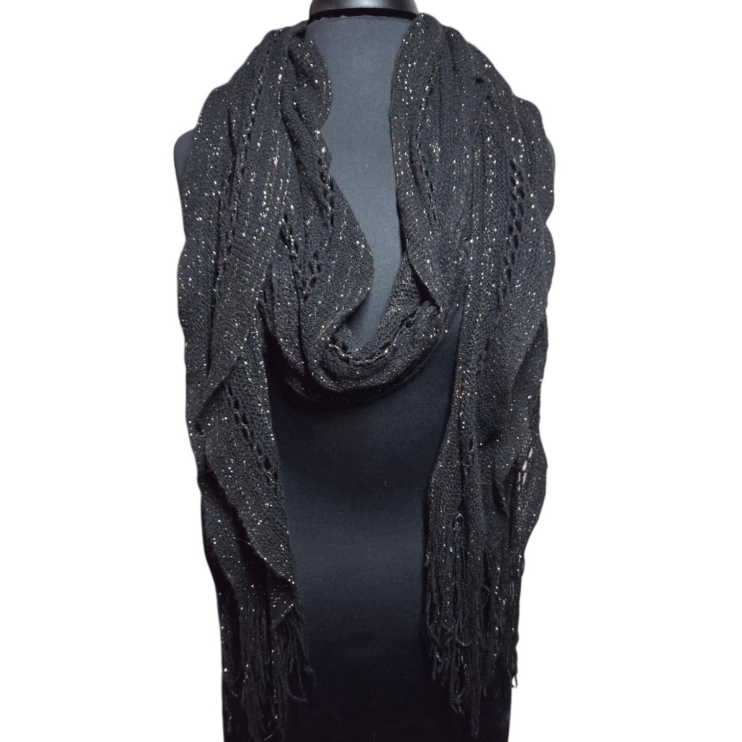 Black Crochet Ruffle Scarf Metallic Gold Knit