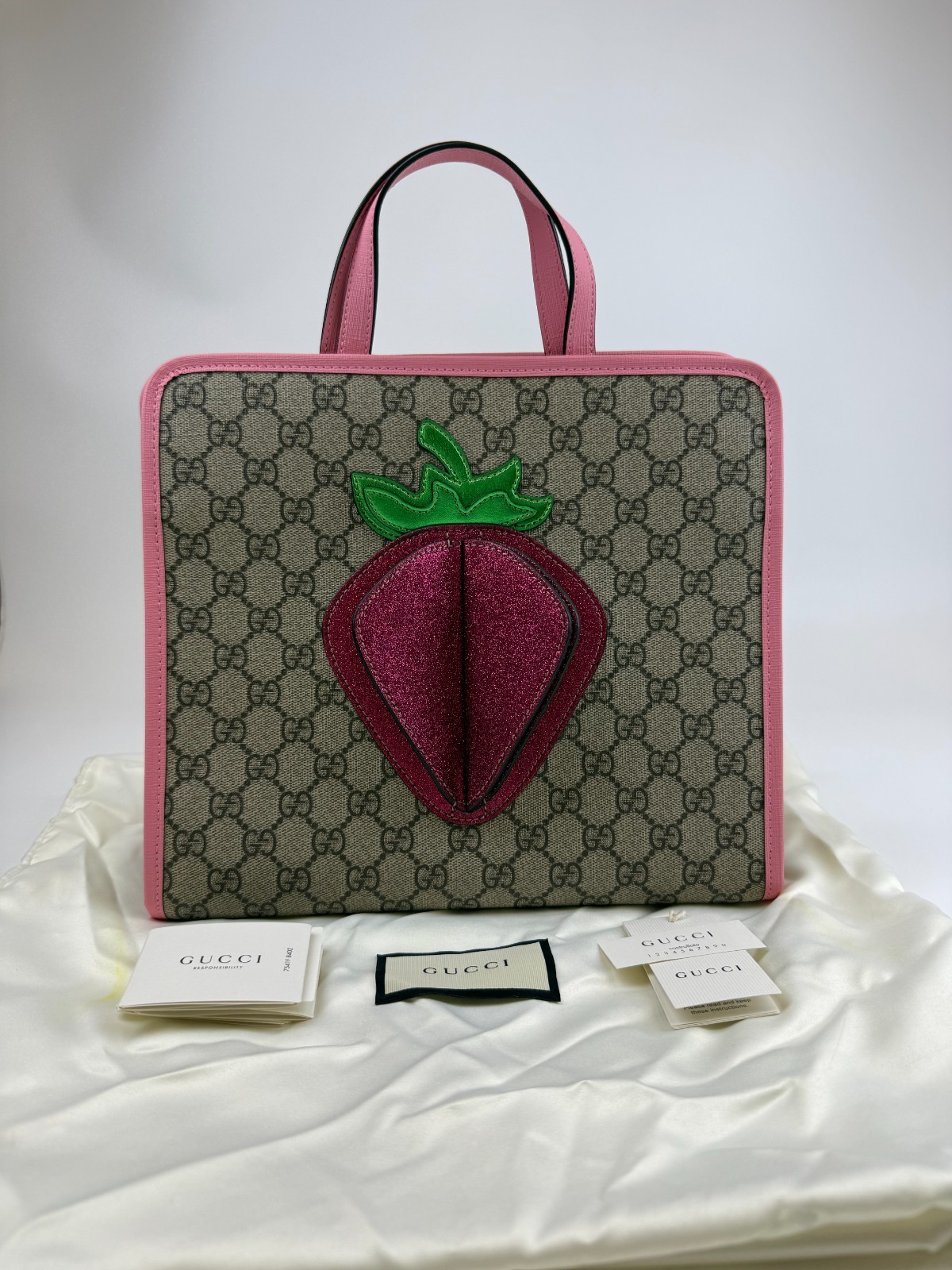 Gucci Kids GG Supreme 3D Strawberry Tote Handbag Pink Leather Trim