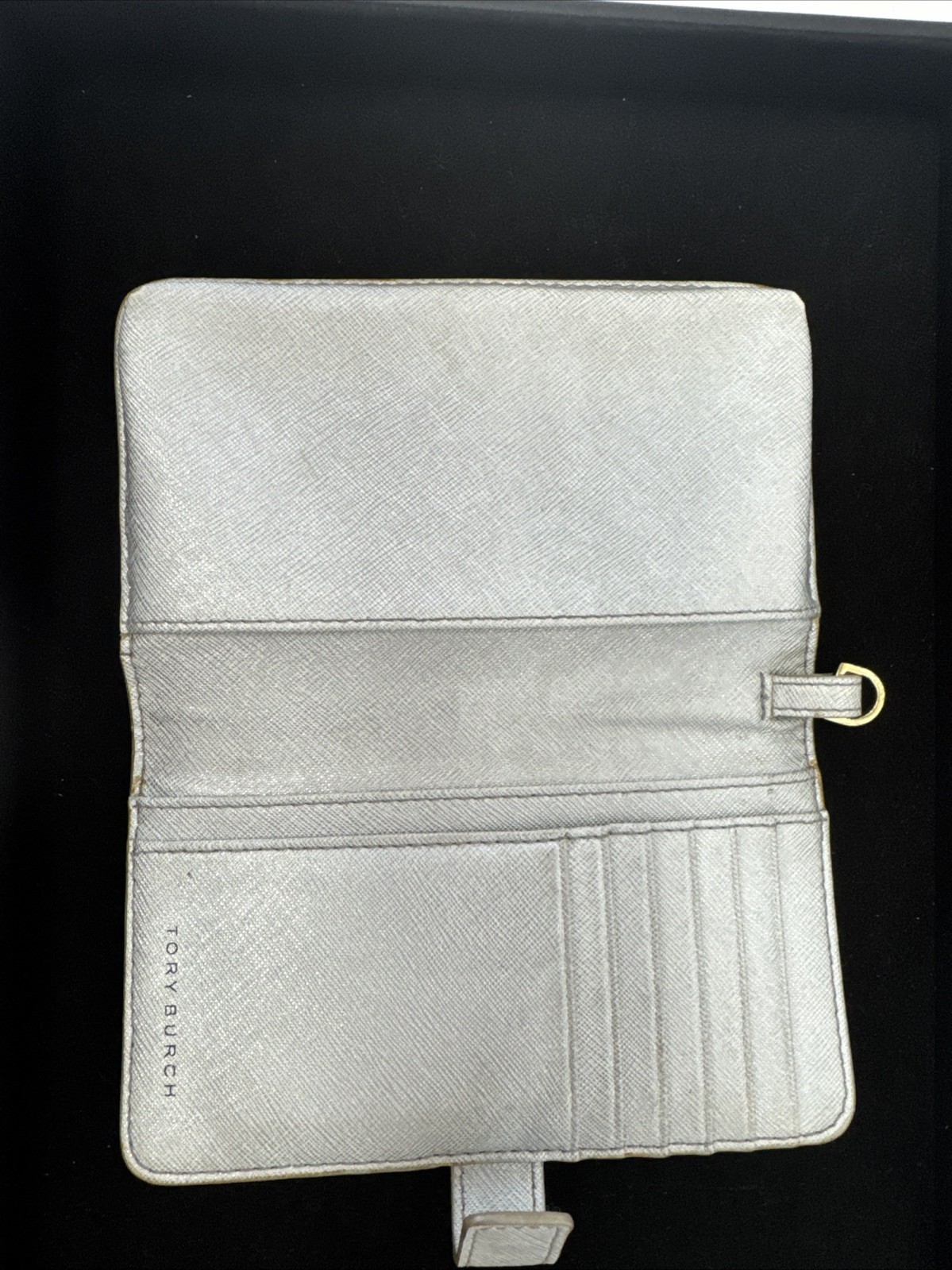 Tory Burch Wallet Coin Purse Card Holder Keychain Silver Leather